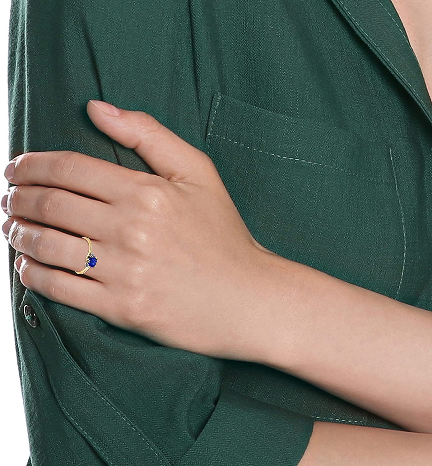 10K Yellow Gold Heart Cut Lab Grown Blue Sapphire & White Cubic Zirconia Three Stone Bypass Band September Birthstone Engagement Ring - Size 12