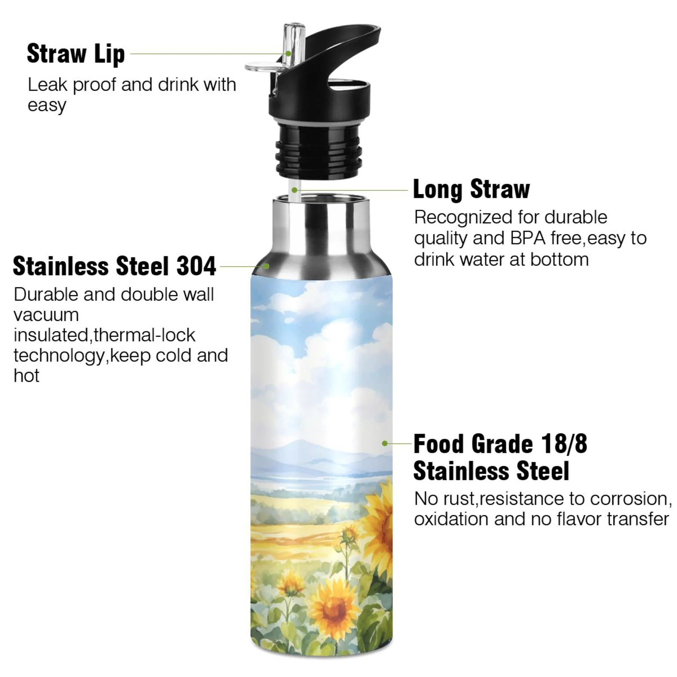 Spring Sunflower Water Bottles Insulated Thermos Kids Stainless Steel Bottle with Straw Lid Flask Leakproof for Sports Gym 20 oz