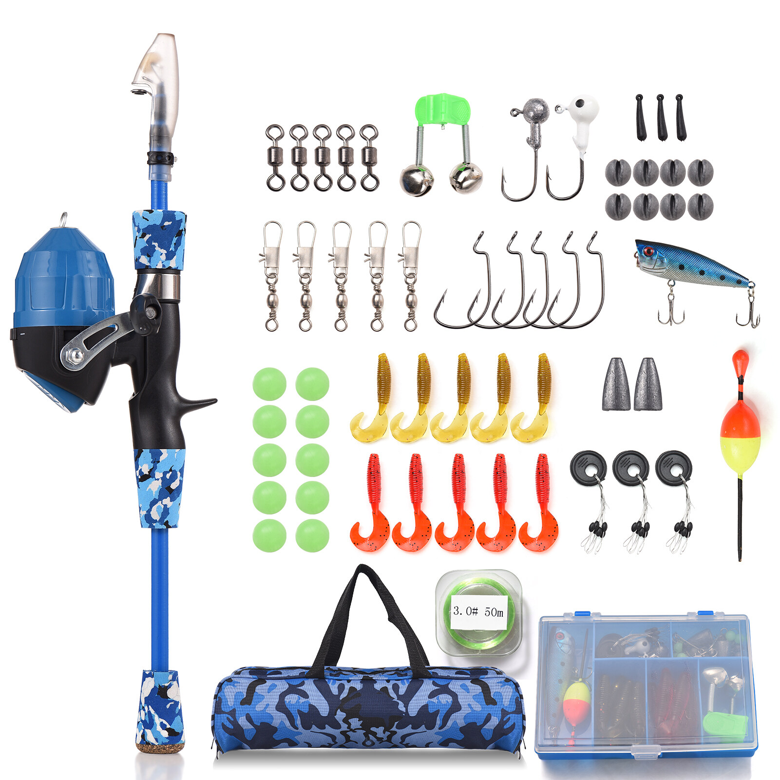 FlyFlise Kids Fishing Rod and Reel Combo Full Kit 1.2m/1.5m Telescopic Casting Rod Pole with Spincast Reel and Hooks Lures Swivels Carry Bag