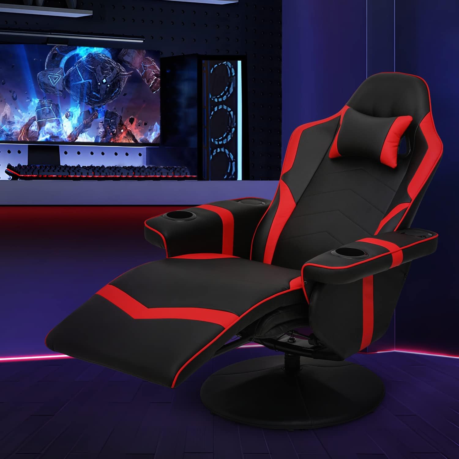 Recliner Massage Chair Comfortable High Back PU Leather Video Gamer Lounge Chair Home Bedroom Theater Seat 360° Swivel Computer Game Chair With Neck Support, Footrest, Cup Holders, Red