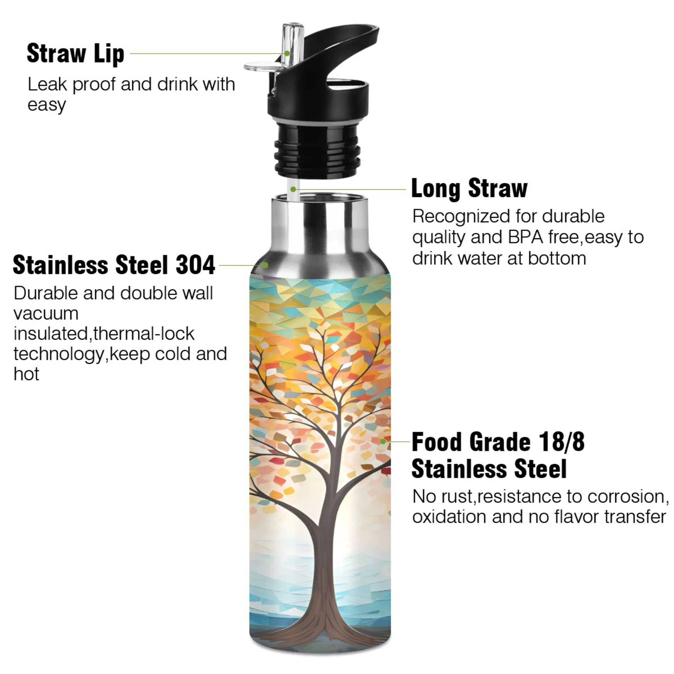 Water Bottle with Straw Lid Leak Orange Tree Abstract Stainless Steel Insulated Thermos Vacuum Flask for Cold Hot Drinking for Sports Camping Gym Yoga