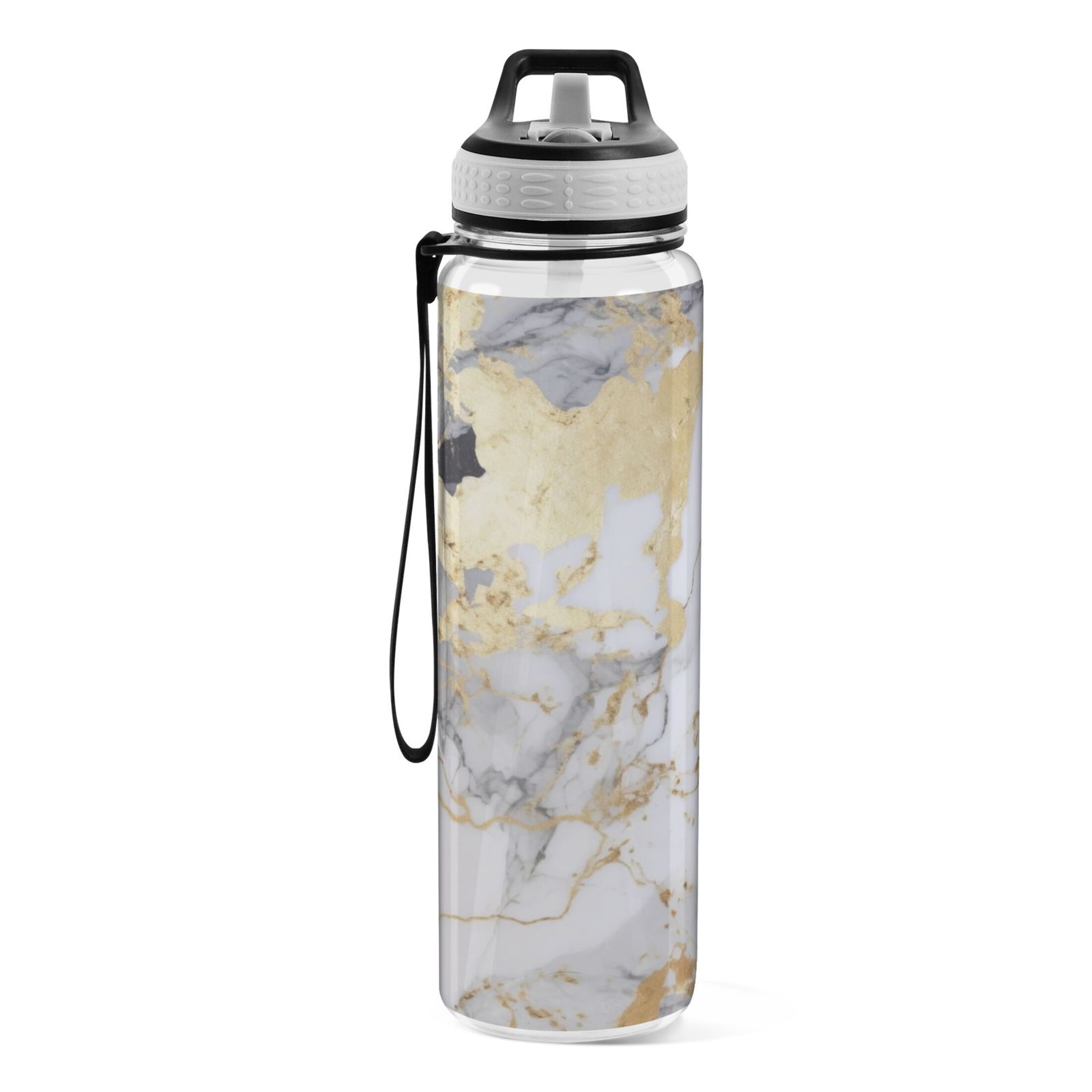 White and Black Golden Marble 32oz Water Bottles with Straw Tritan Leakproof Sports Bottle BPA Free Clear for Fitness Gym Swimming Cycling