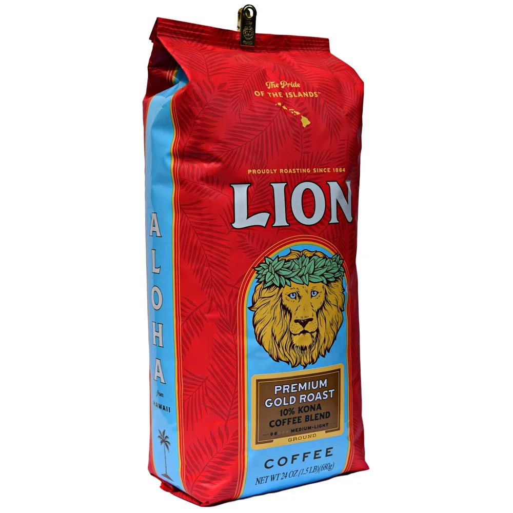 Lion Coffee, Premium Gold Roast, 10% Kona Coffee Blend, Ground, 24 Ounce Bag (Pack of Two)