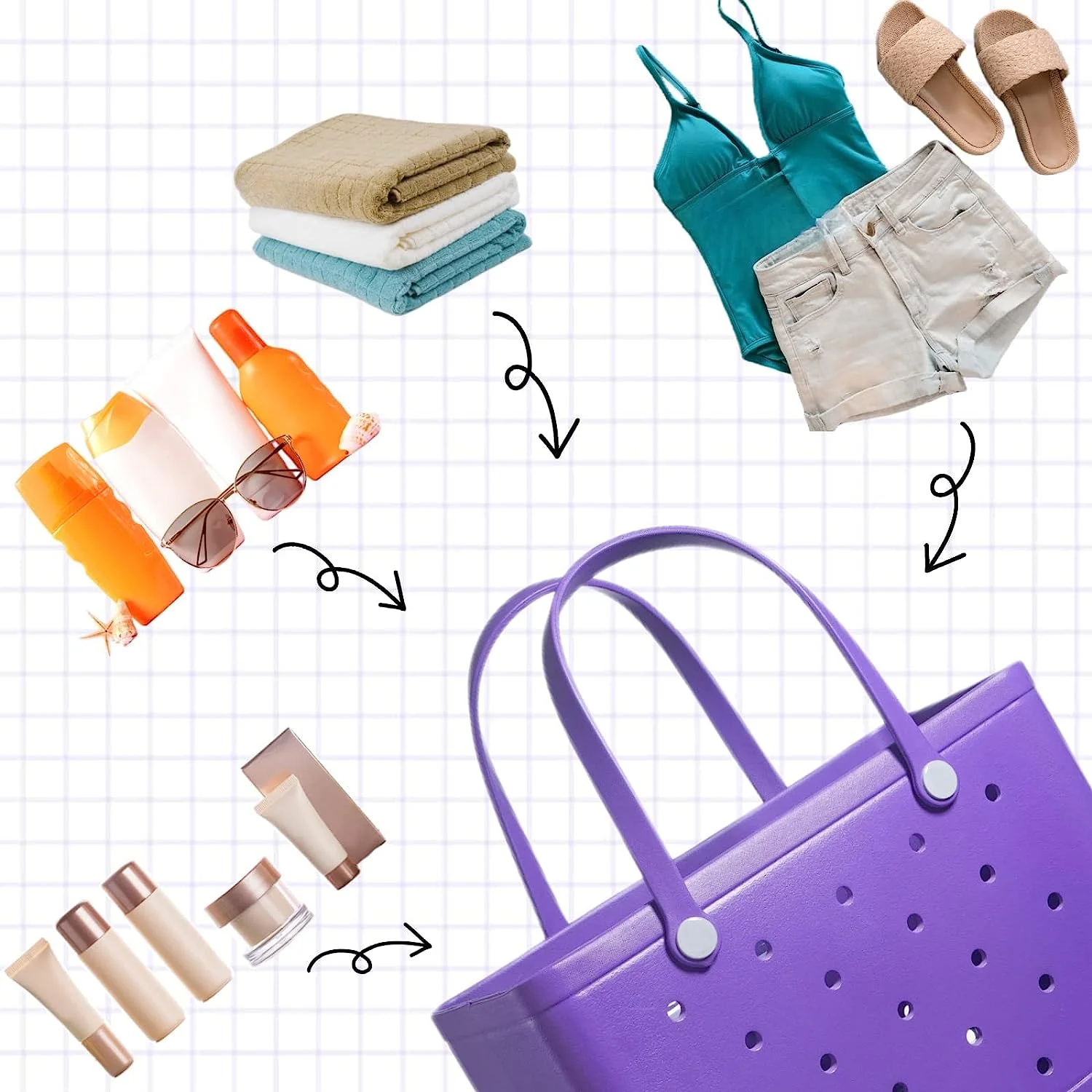 Gomayee EVA Beach Bag,Waterproof and Sandproof Outdoor Rubber Tote Bag for Beach Sports，Purple.Medium