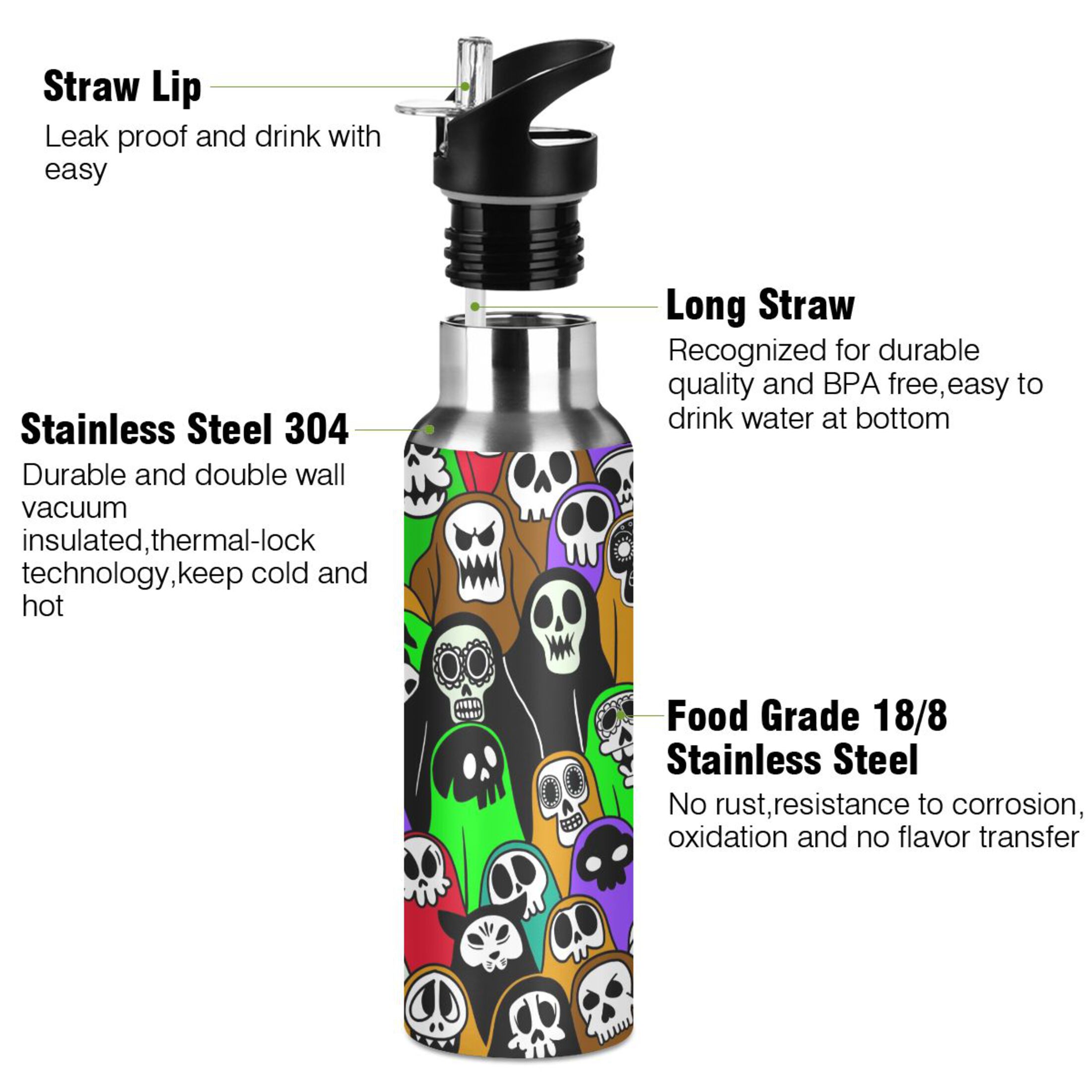 Water Bottle with Straw Lid Leak Cartoon Stainless Steel Insulated Thermos Vacuum Flask for Cold Hot Drinking for Sports Camping Gym Yoga