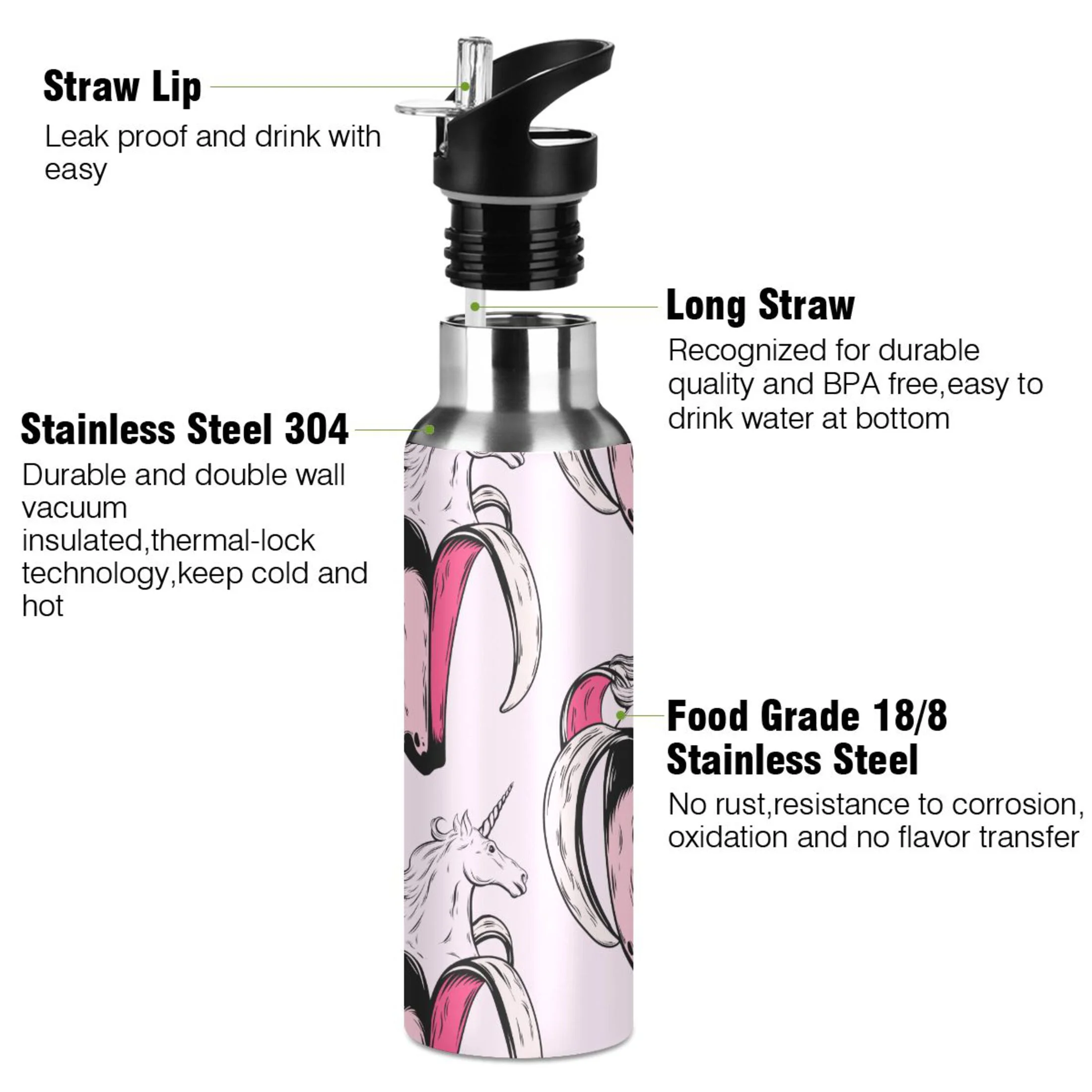Water Bottle with Straw Lid Leak Horse Pink Banana Stainless Steel Insulated Thermos Vacuum Flask for Cold Hot Drinking for Sports Camping Gym Yoga