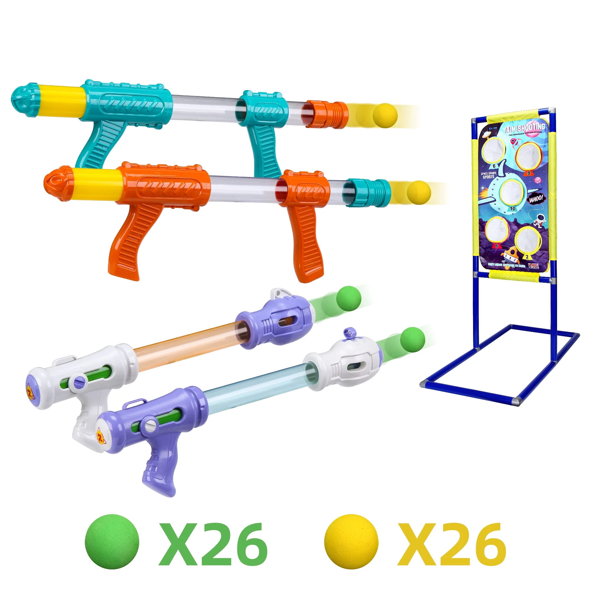 Simzone Shooting Game Toy for Kids, 4pk Foam Ball Popper Air Guns, Standing Shooting Target and 52 Foam Balls for Boys Girls Indoor Outdoor Play Toys Party Games - Compatible with Nerf Toy