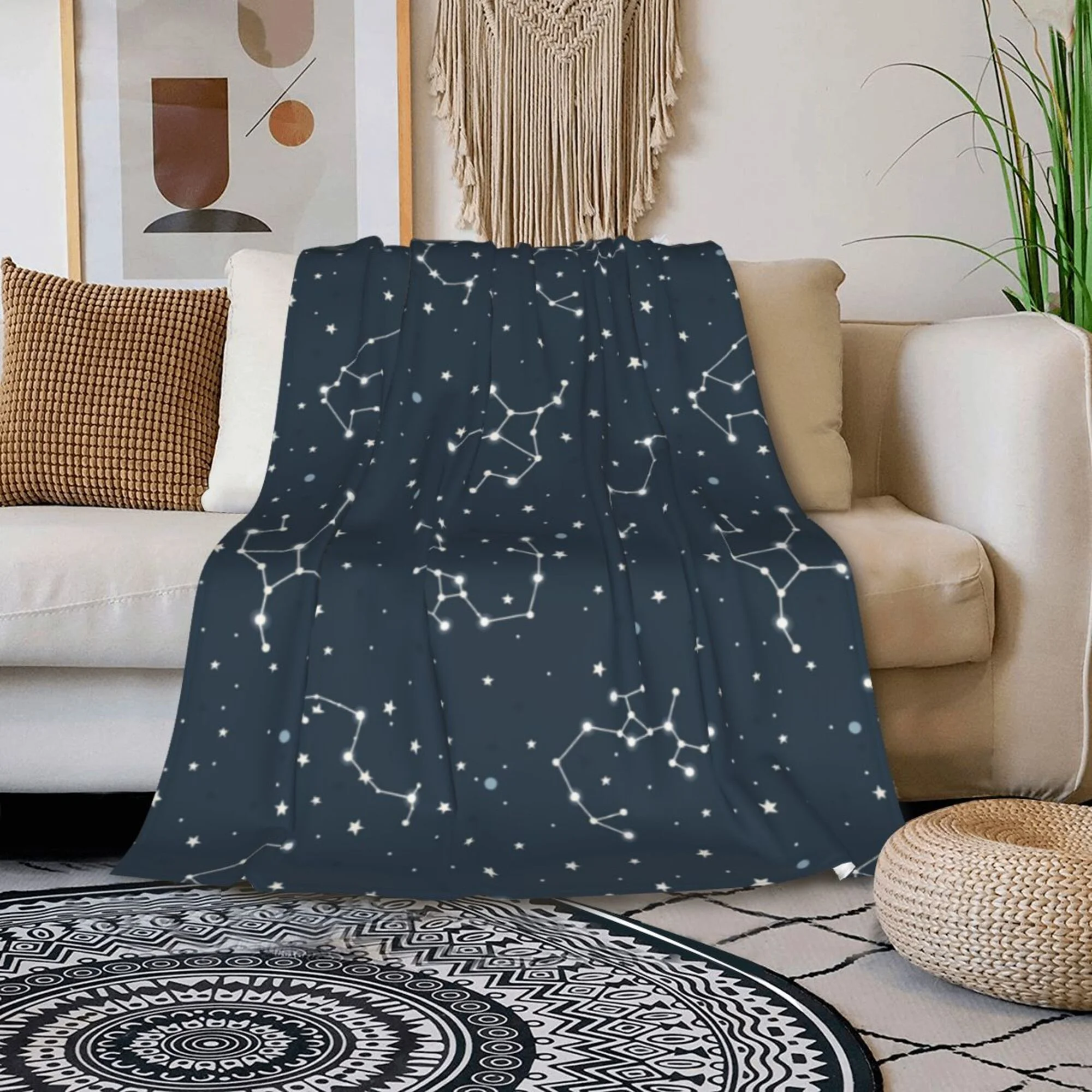 TEQUAN Double Layer Plush Bed Blanket, Blue Space Constellation Stars Pattern Cozy Soft Air Conditioner Throw Blankets, 50