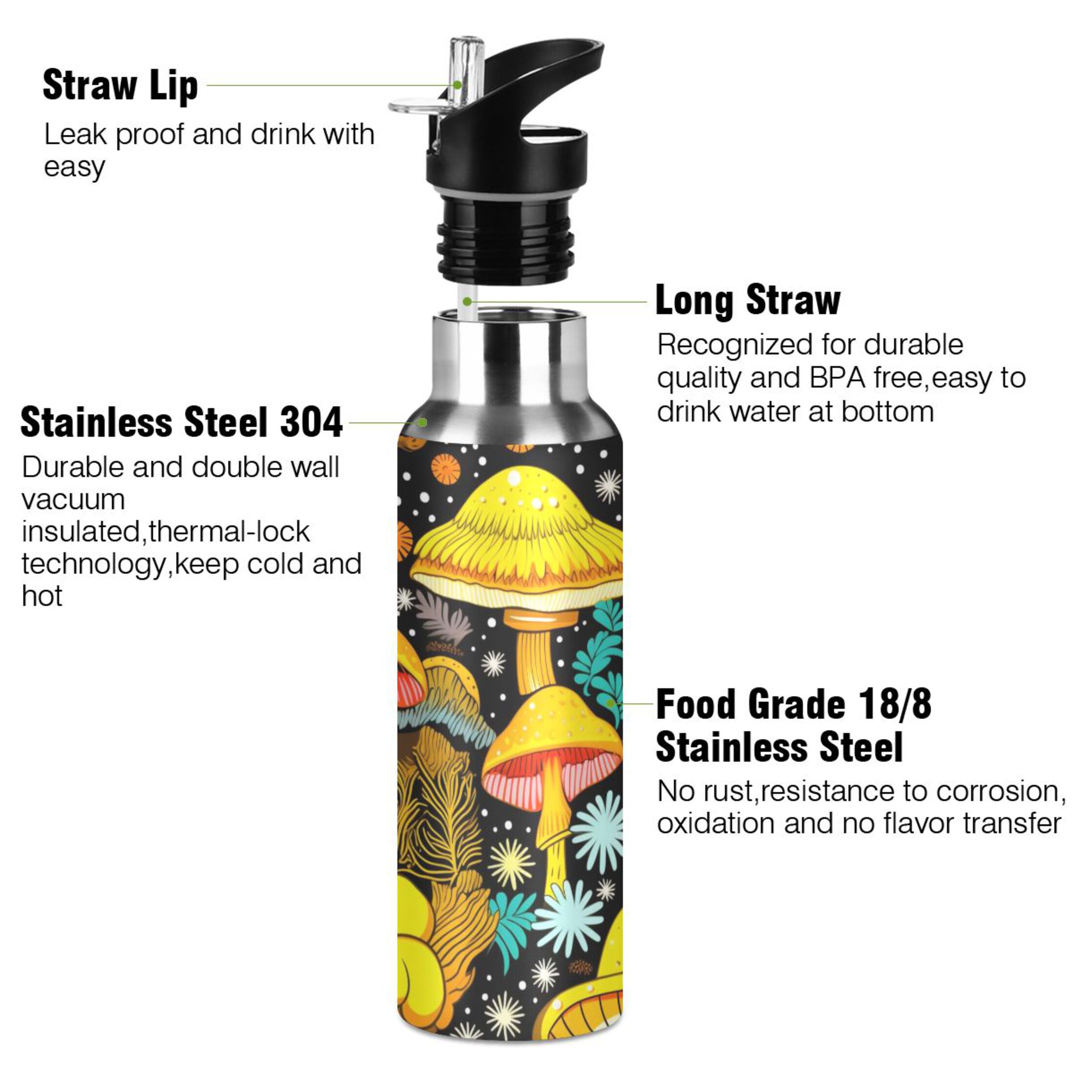 Mushroom Magic Beautiful Water Bottles Insulated Thermos Kids Stainless Steel Bottle with Straw Lid Flask Leakproof for Sports Gym 20 oz