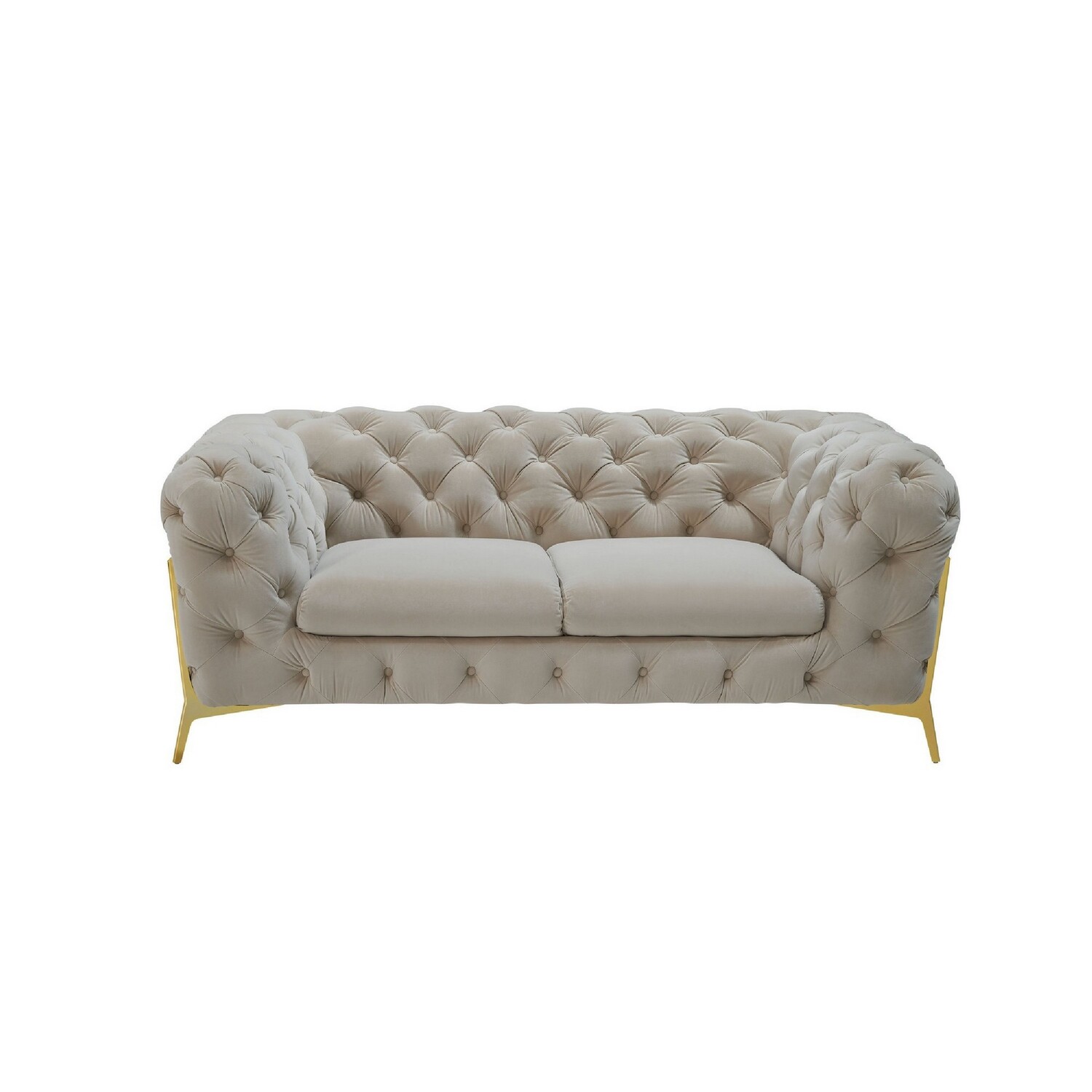 Benjara Reno Joni 74 Inch Modern Loveseat, Chesterfield, Velour, Beige, Gold
