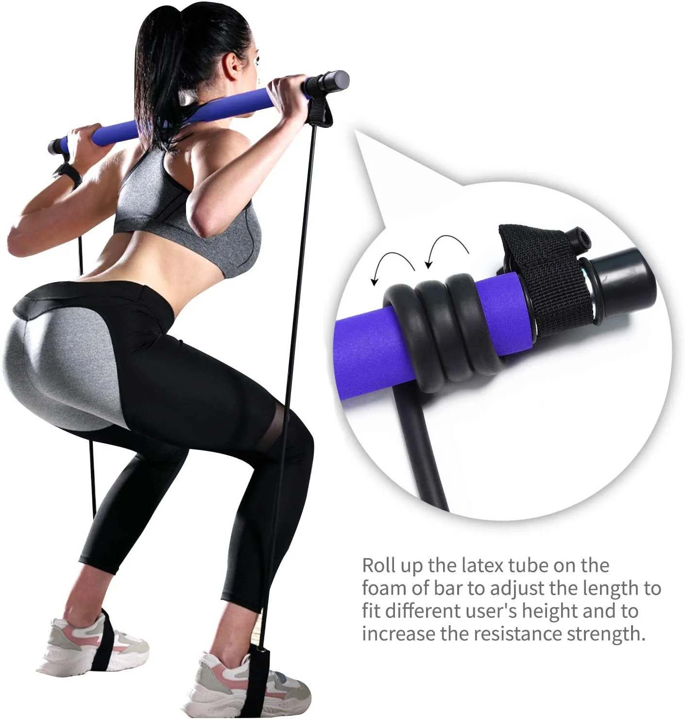 ASA Portable Pilates Bar Stick Fitness Exercise Bar Yoga Stick Resistance Band Workout Resistance Bands Loop Set Fitness (Blue)