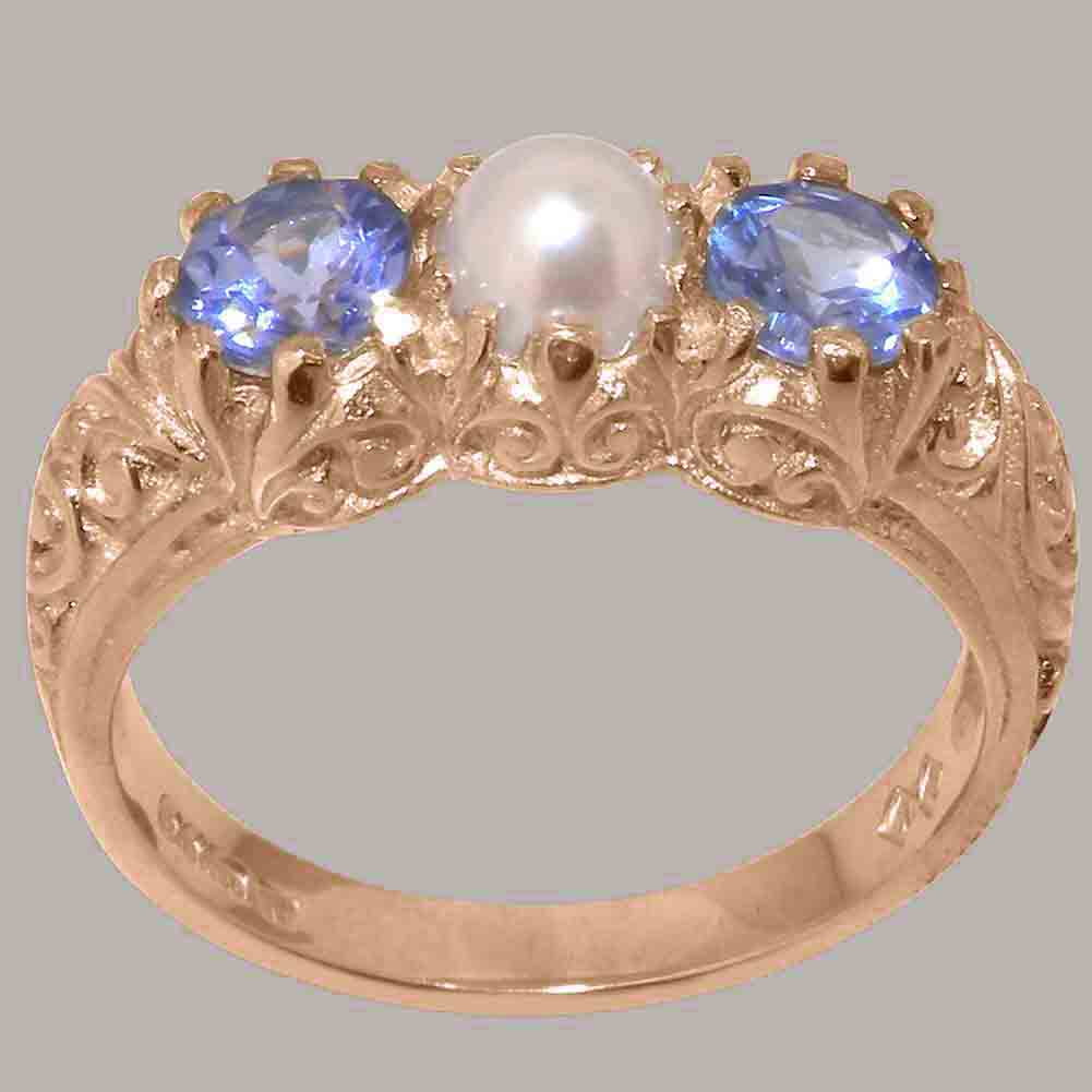 LBG British Made 18k Rose Gold Cultured Pearl & Tanzanite Womens Anniversary Ring - 33 size options - Size 10