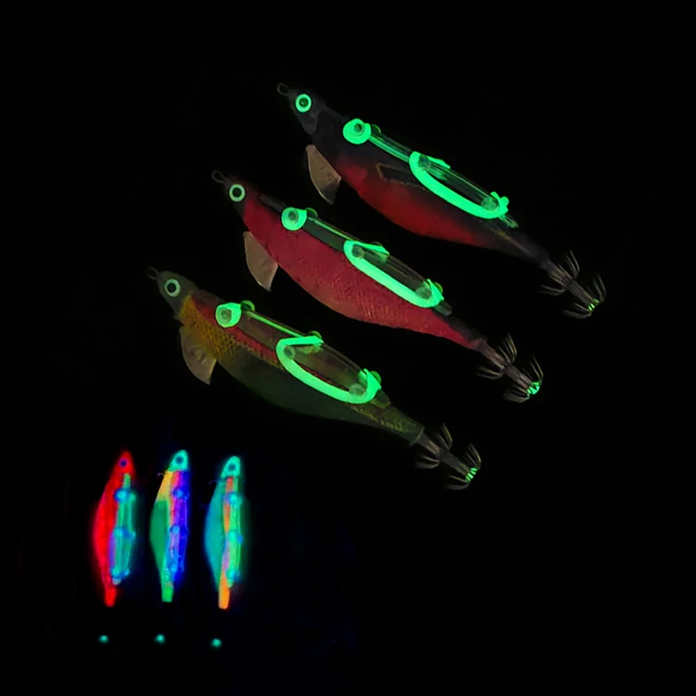 ilure 10pcs Fishing Luminous Shrimp Lure Hard Artificial Bait Wood Shrimp Bait with Squid Hooks for Anglers