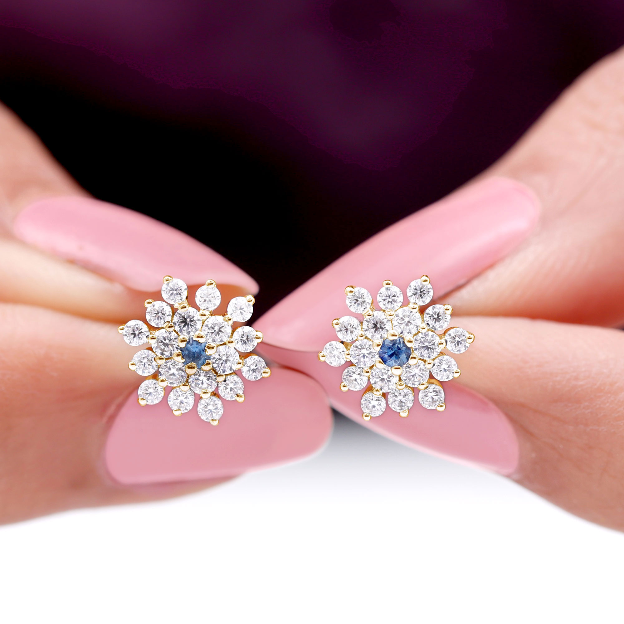 Statement Blue Sapphire Floral Earrings with Diamond for Women (1.25 CT), 10K Yellow Gold