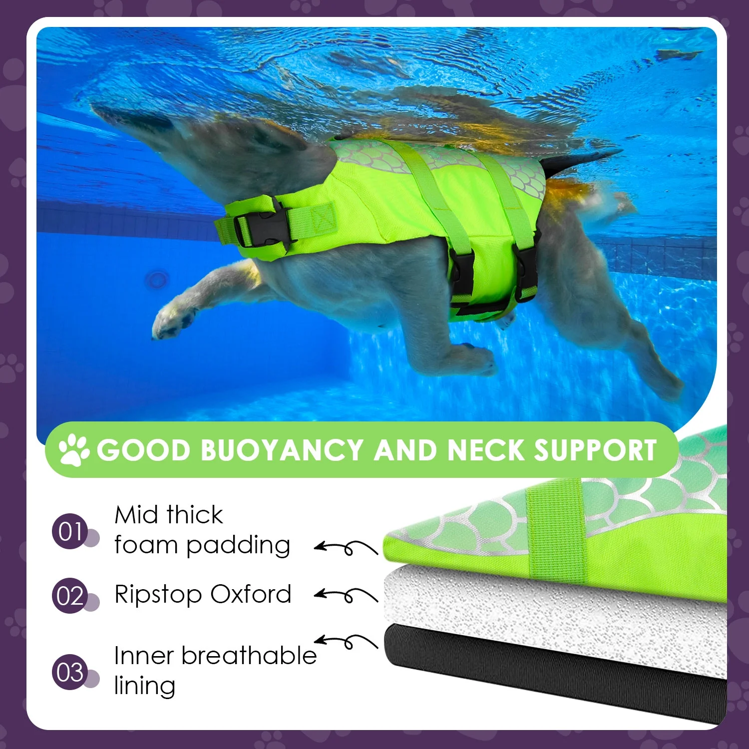 AUTOWT Mermaid Dog Life Jacket, Pet Vest Preserver with High Buoyancy and Tear-Resistant Rescue Handle for Swimming Boating Pool