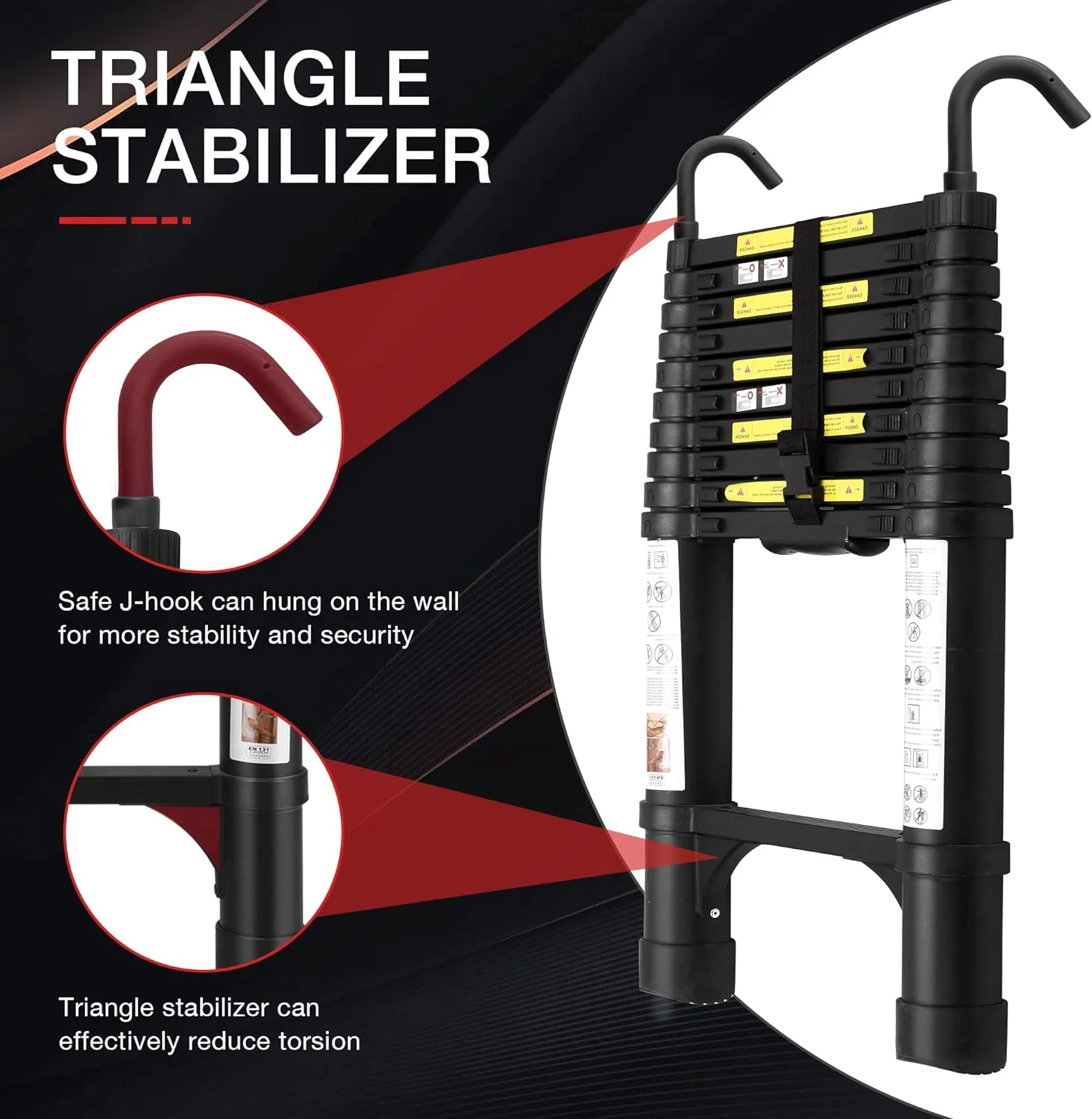 Telescoping Ladder 10.5 FT with 2 Detachable Roof Hooks Aluminum Telescopic Extension Ladder with 2 Triangle Stabilizers, Multi-Purpose Collapsible Ladder for Household and Outdoor Working