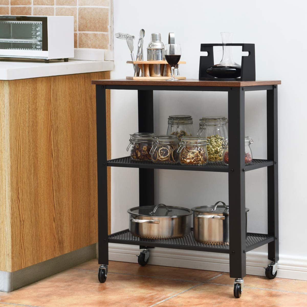 Kitchen Cart, Industrial Microwave Cart, 3-Tier Rolling Utility Cart on Wheels with Metal Frame Wooden Table and Two Grid Storage Shelves for Kitchen and Living Room, Bedroom (Brown)