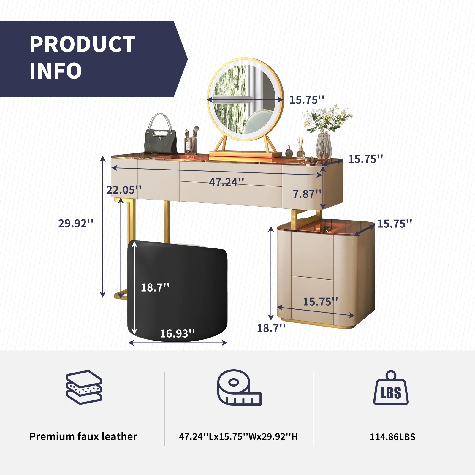 ZAFLY Vanity Set with LED Light Mirror, Makeup Vanities with Drawers, Luxury Dressing Table and Chair for Apartment/Bedroom