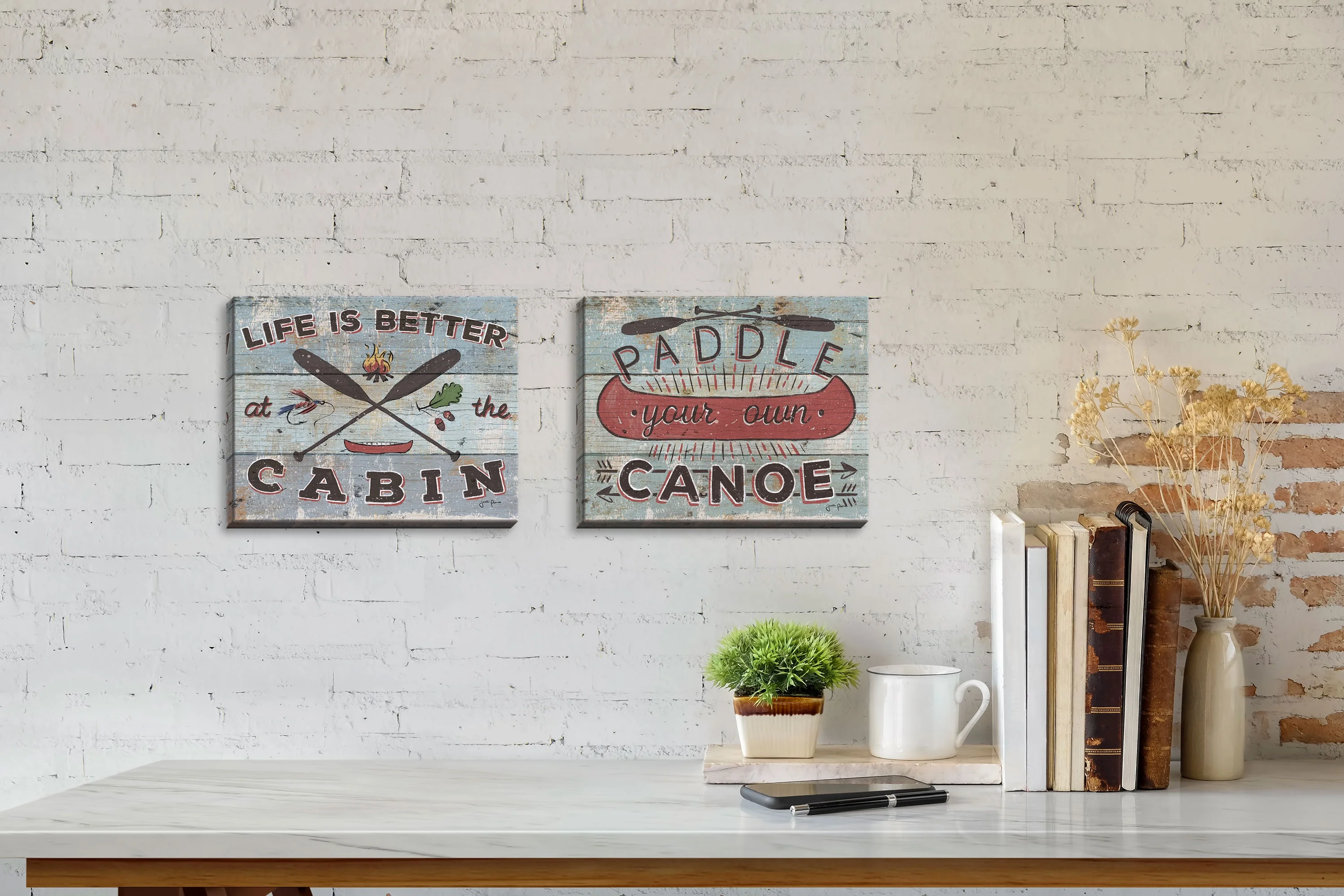 Red and Blue Canoe and Lake Adult Cabin Decor; 2 - 14