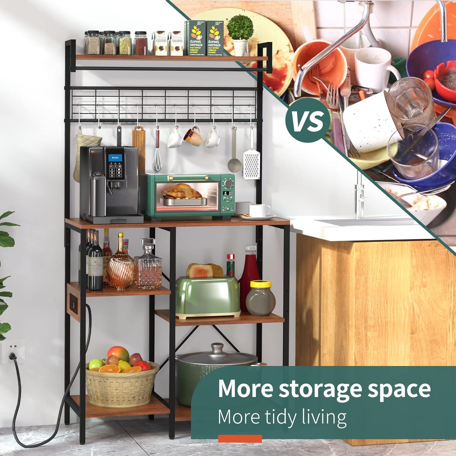 OUWI Bakers Rack with Power Outlet, Microwave Stand with Storage, Kitchen Stand with 10 Hooks, Industrial Bakers Rack for Kitchen Storage Shelf Coffee Bar Station for Spices, Pots and Pans