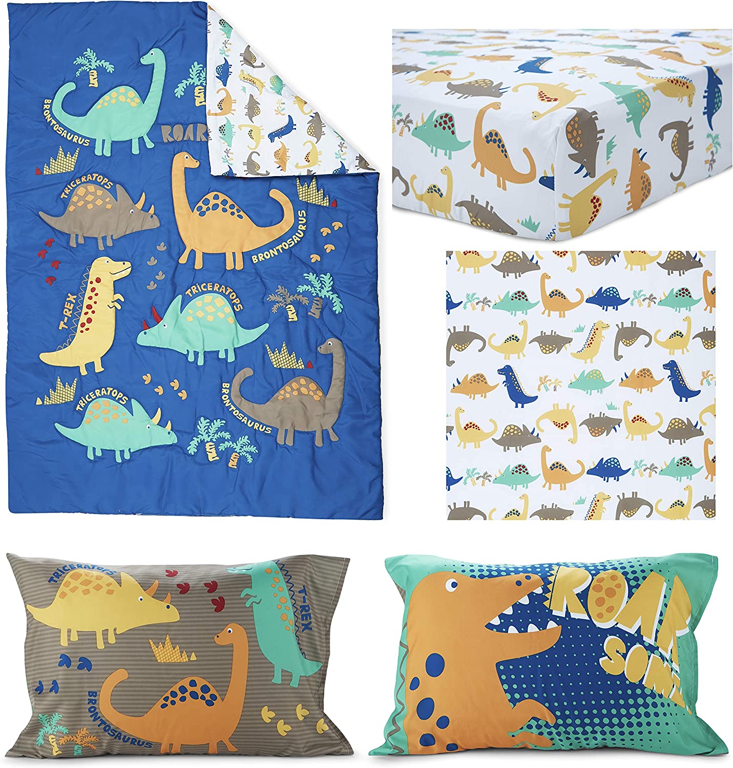 Funhouse 4-Piece Dinosaur Roarsome Toddler Bedding Set for Toddler Bed - Dino Print - Blue