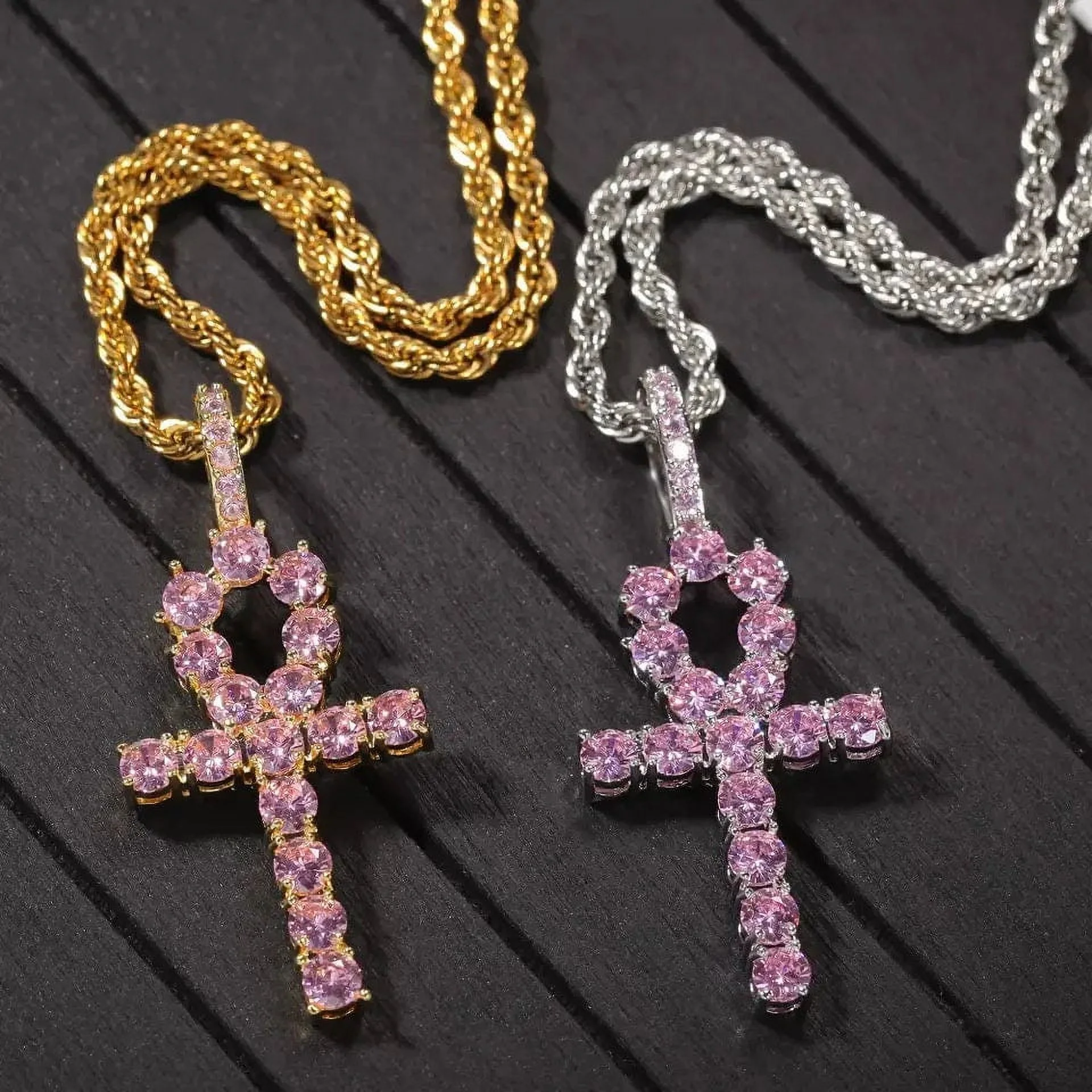 14K Gold Over Finish Simulated Diamond Iced out Bling Custom Pink Egyptian Ankh Cross Charm Pendant Necklace, Gift For her, Mothers day