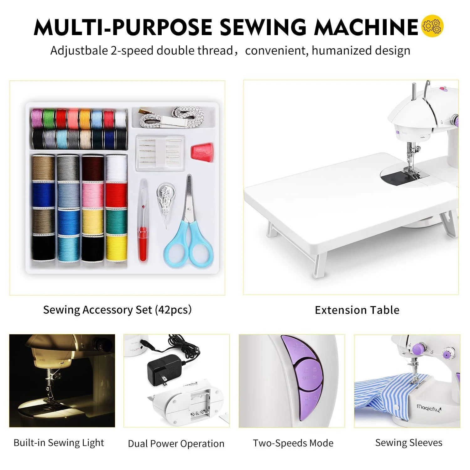 Magicfly Mini Sewing Machine for Beginner, Dual Speed Portable Sewing Machine Machine with Extension Table, Light, Sewing Kit for Household, Travel White