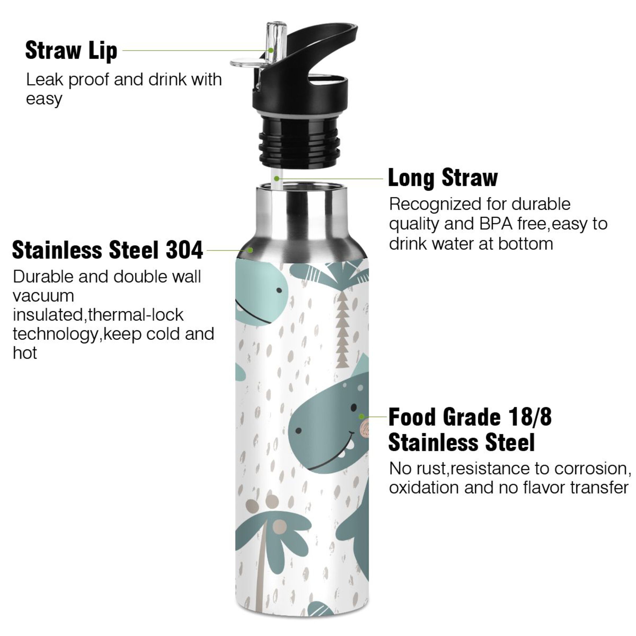 Water Bottle with Straw Lid Leak Dinosaur Rainy Stainless Steel Insulated Thermos Vacuum Flask for Cold Hot Drinking for Sports Camping Gym Yoga