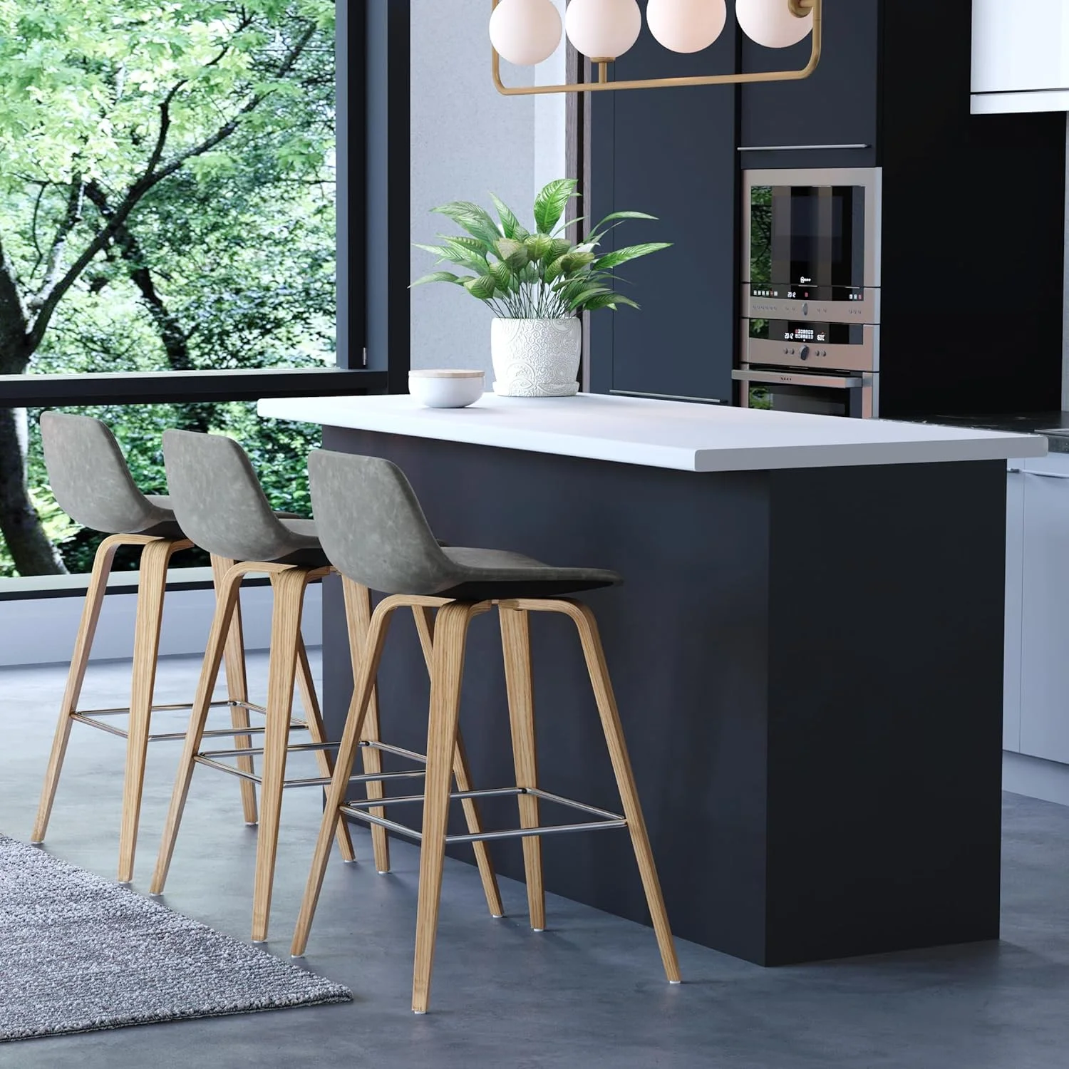 Randolph Century Modern Bentwood Counter Height Stool (Set Of 2) In Stone Grey PU Faux Leather, For The Dining Room And Kitchen