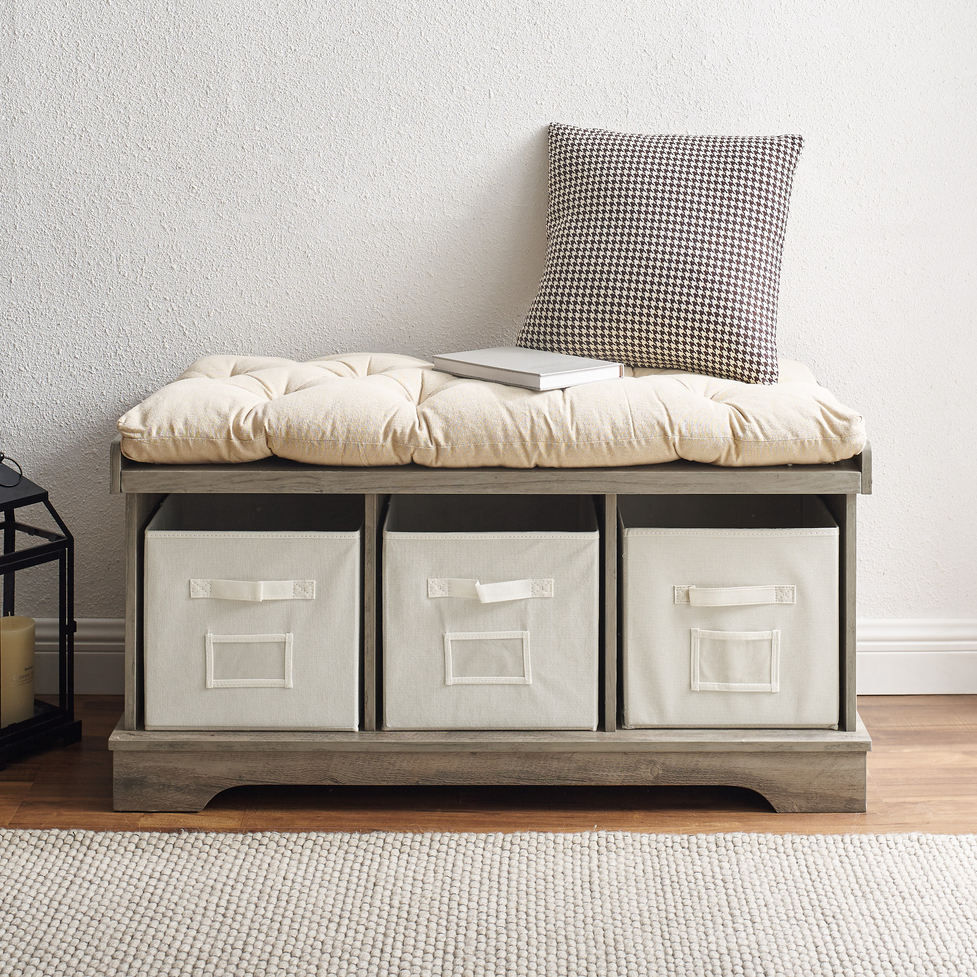 Walker Edison Storage & Tufted Bench, Grey Wash