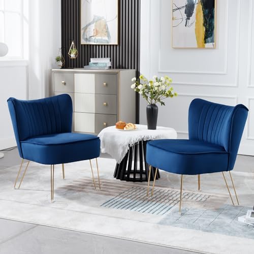 LLBIULife Velvet Accent Chairs   Upholstered Living Room Chairs  Comfy Armless Side Chairs Mid Century Modern Slipper Chair with Golden U-Shape Legs for Bedroom Waiting Guest Room  Light