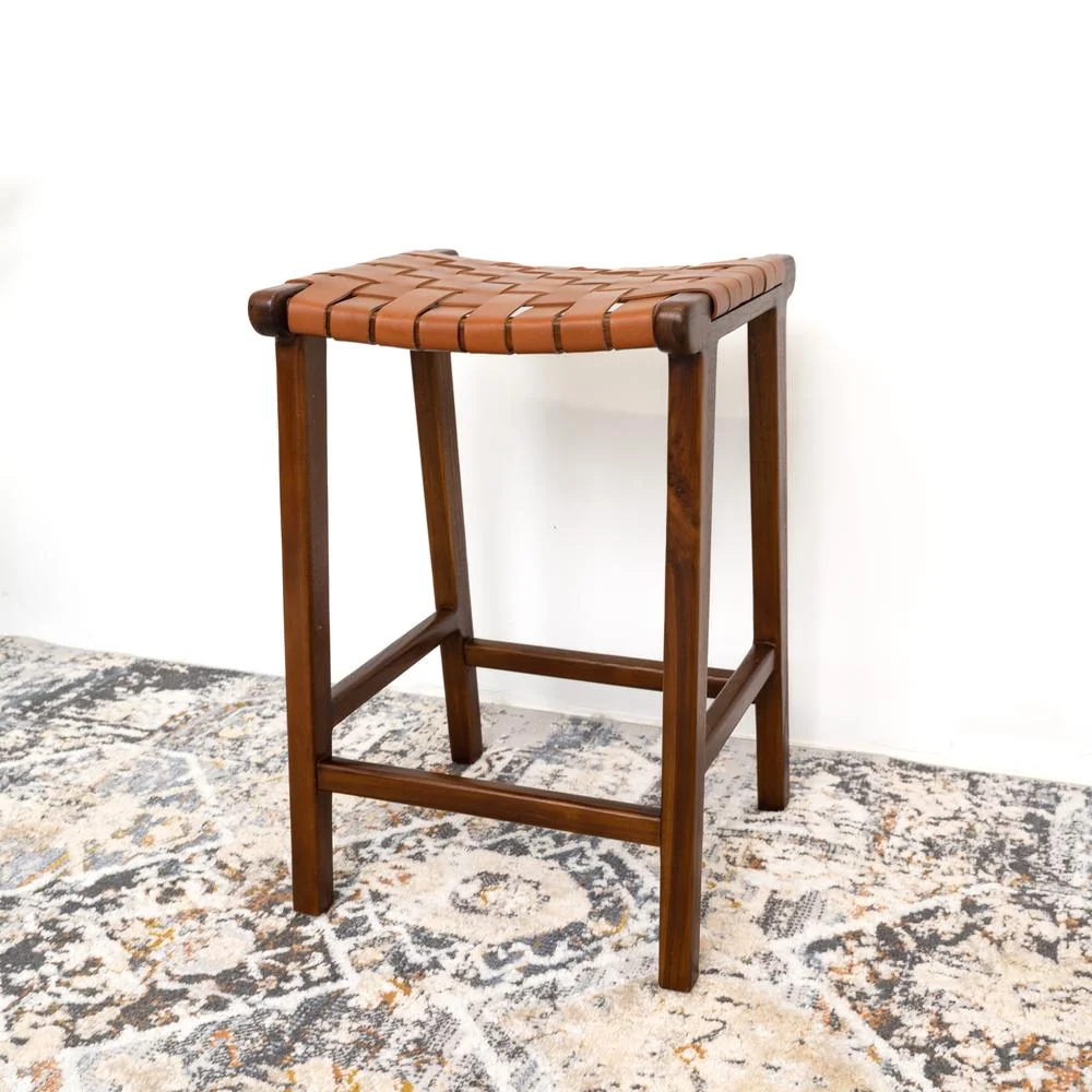 Rayong Mid-Century Modern Saddle Genuine Leather Counter Stool in Tan