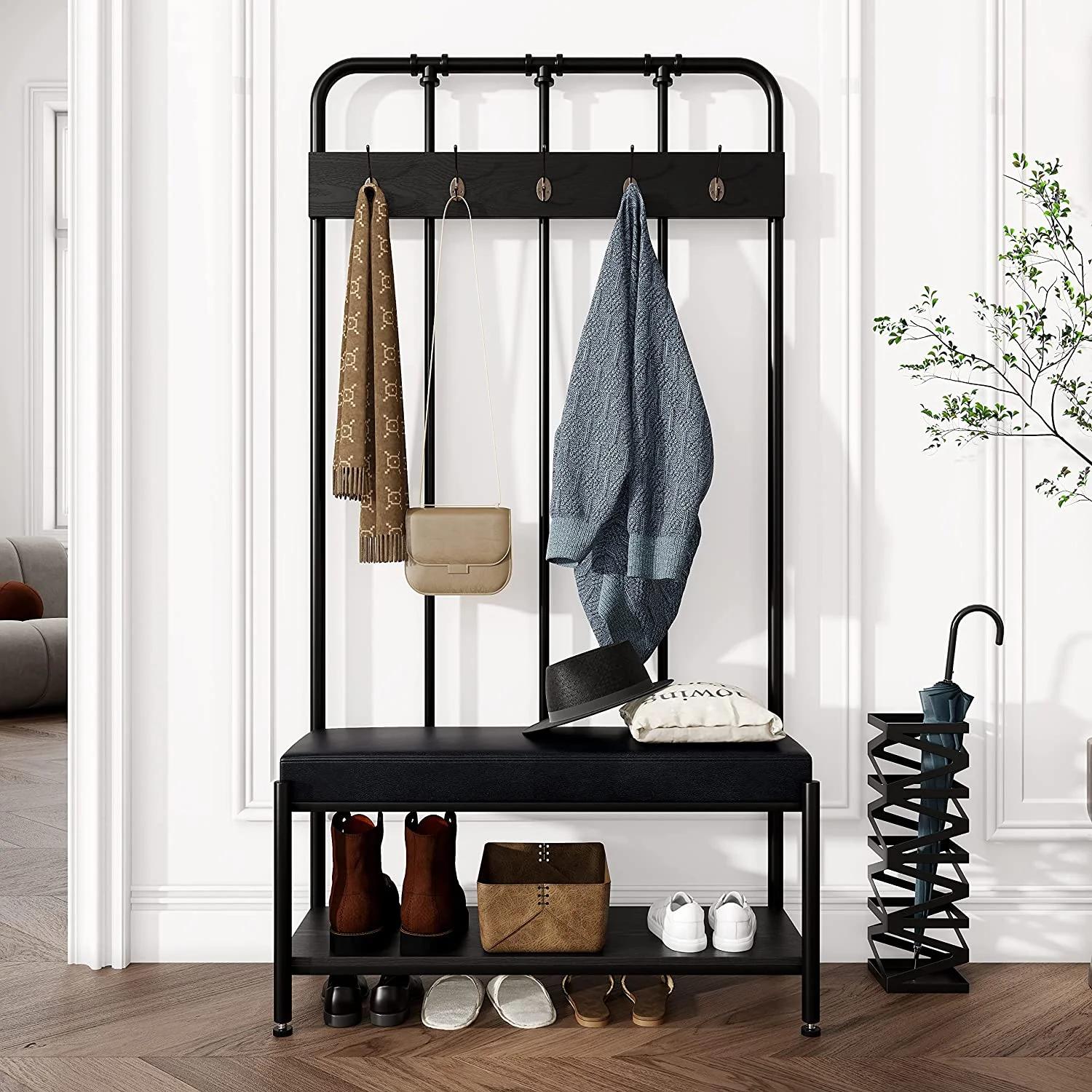 Allewie Coat Rack Shoe Bench, Freestanding Hall Tree, Entryway Bench with Storage Shelves, Upholstered Sponge-Padded Seat, Black