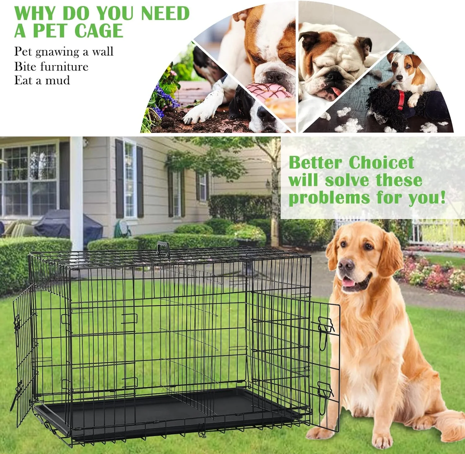 Large Dog Crate for Medium Large Dogs, 42 inch Dog Cage Metal  Pet Crate with Plastic Tray and Handle Pet Dog Kennel Outdoor Indoor Double-Door Folding Dog Kennel Furniture, Black