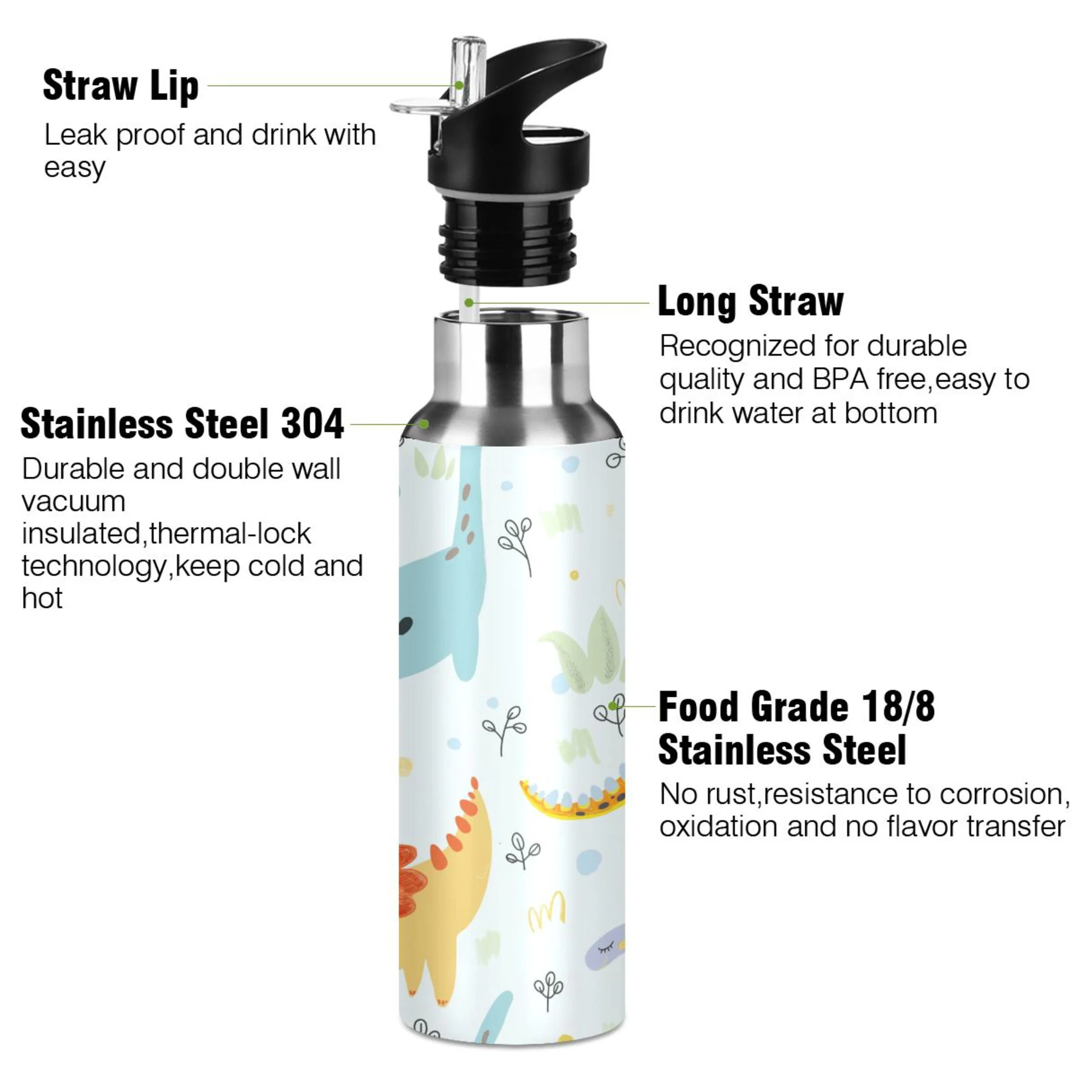 Water Bottle with Straw Lid Leak Forest Animal Dinosaur Lion Stainless Steel Insulated Thermos Vacuum Flask for Cold Hot Drinking for Sports Camping Gym Yoga