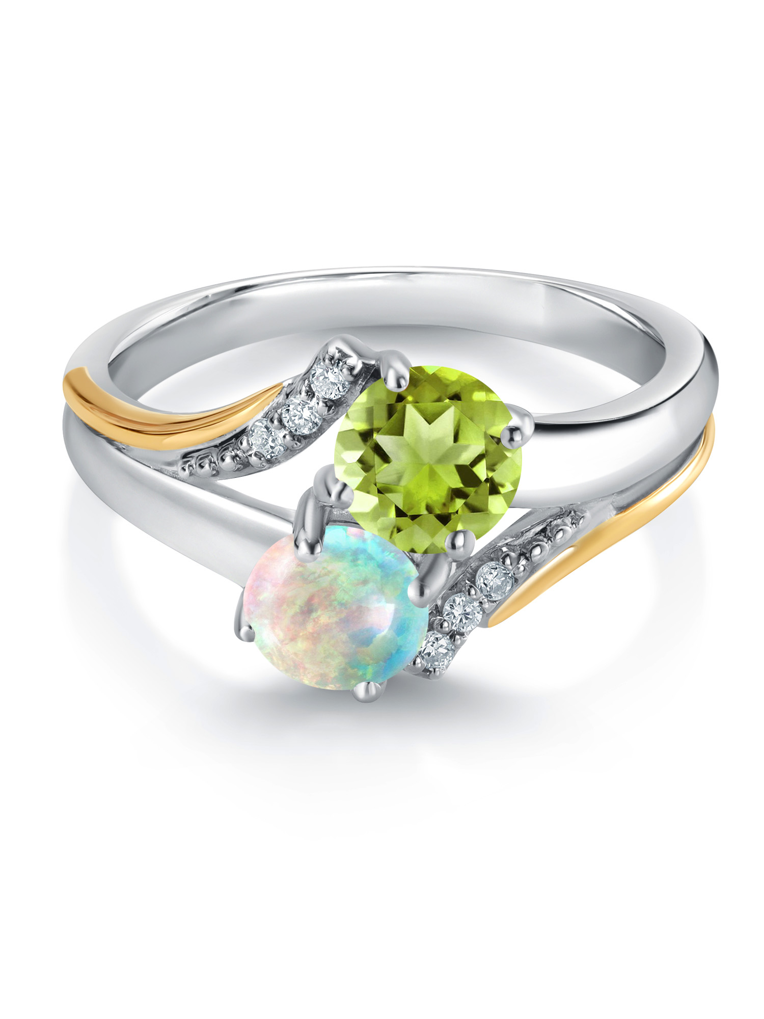 10K Yellow Gold and 925 Silver Simulated White Opal and Green Peridot and White Lab Grown Diamond Accent Engagement Ring For Women (1.08 Cttw, Gemstone October Birthstone, Round Cabochon 5MM, Size 6)