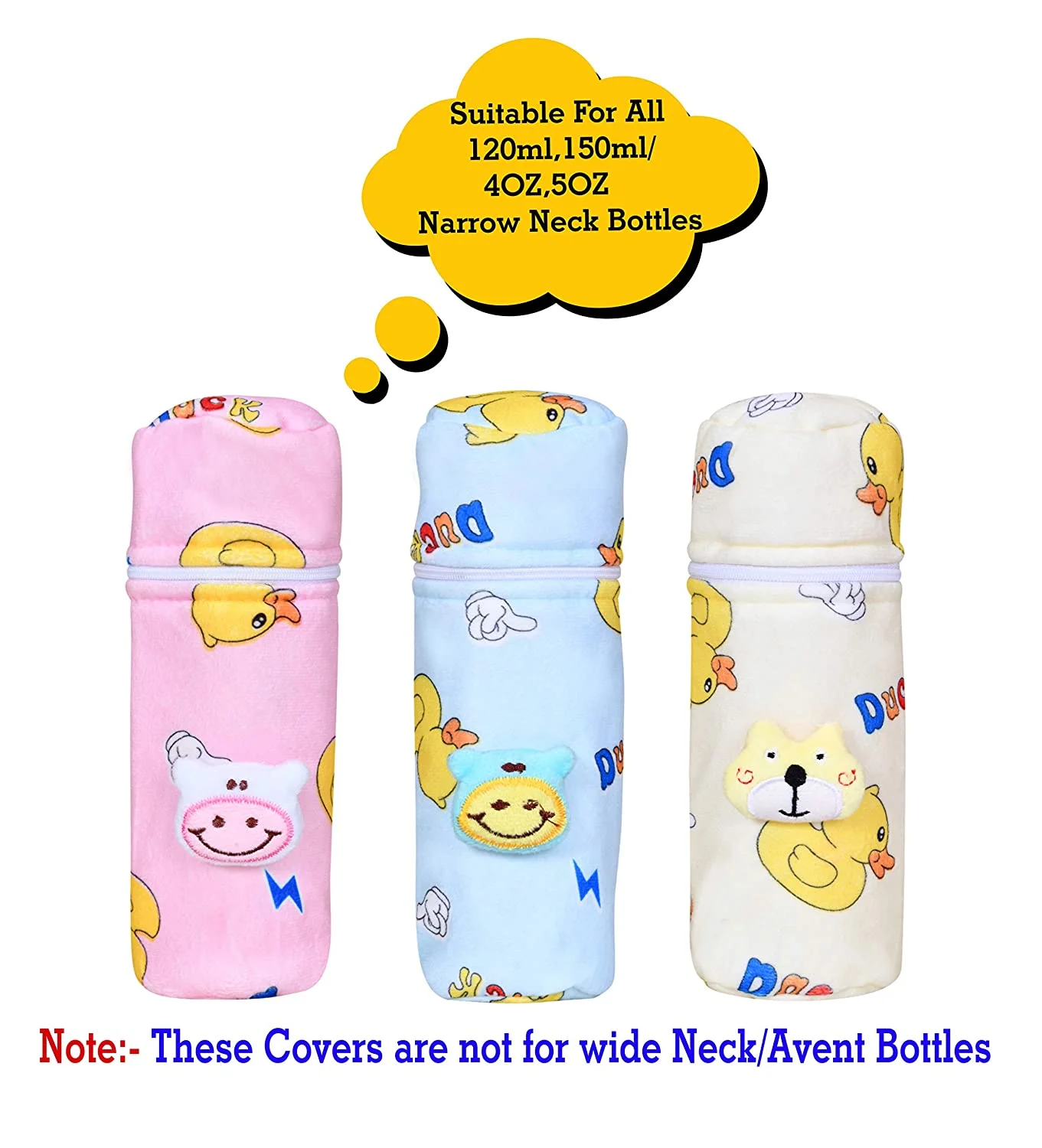 THE LITTLE LOOKERS Soft Plush Stretchable Baby Feeding Bottle Cover/Tote Bag/Sleeve with Easy to Hold Strap | Cute Animated Overall Print Pack of 3 (Multicolor, Zip Closure 120ml,150ml/4oz,5oz)
