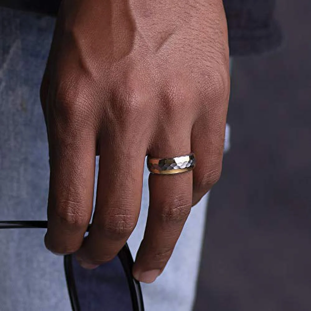 Tungsten Mens Wedding Band Two Tone Gold Silver Hammer Finish Facet Cut EDG Size 6-16 (Tungsten, 13)