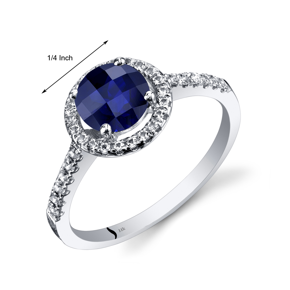 Oravo 1.5 ct Round Shape Created Blue Sapphire Halo Ring in 14K White Gold