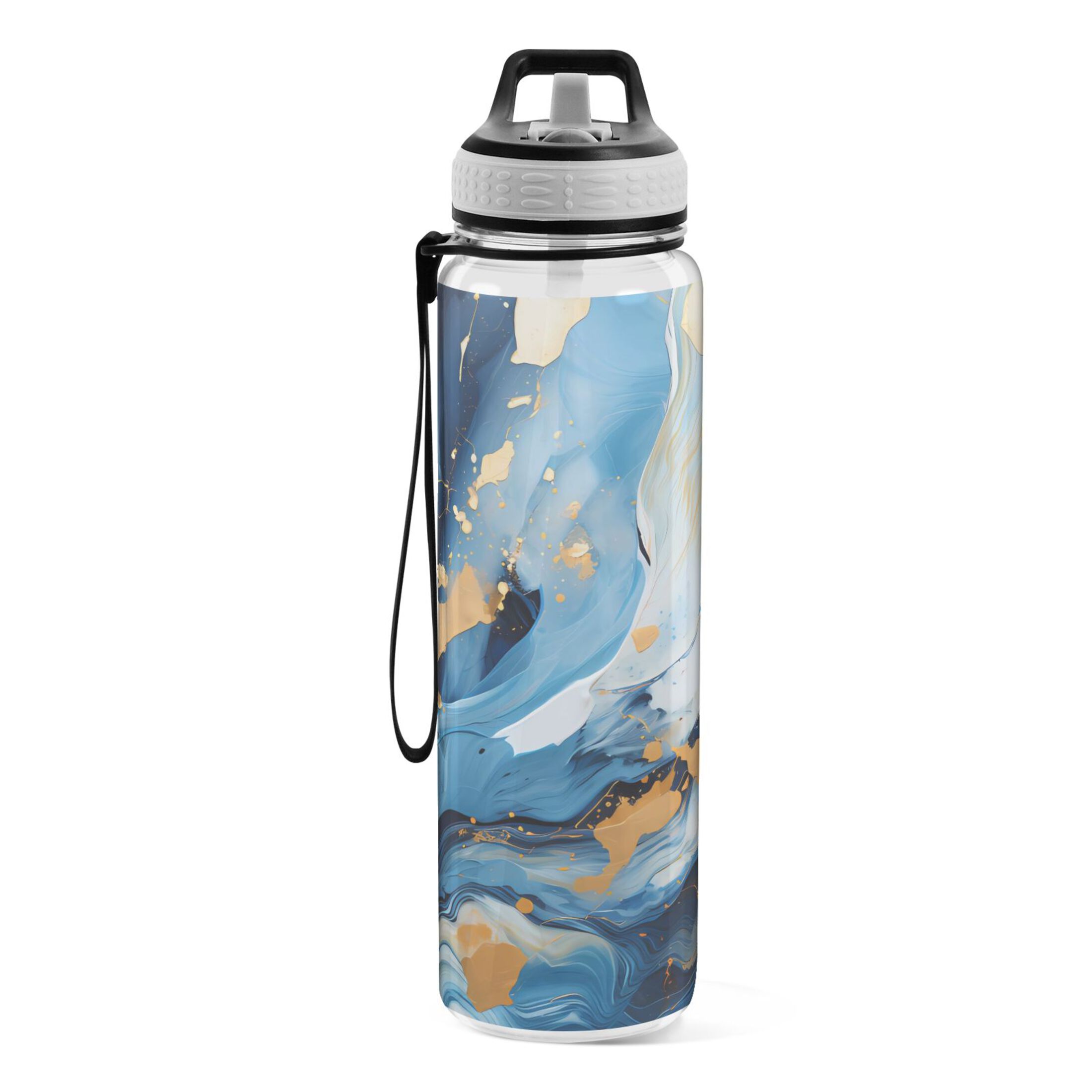 Marble Blue and Gold 32oz Water Bottles with Straw Tritan Leakproof Sports Bottle BPA Free Clear for Fitness Gym Swimming Cycling