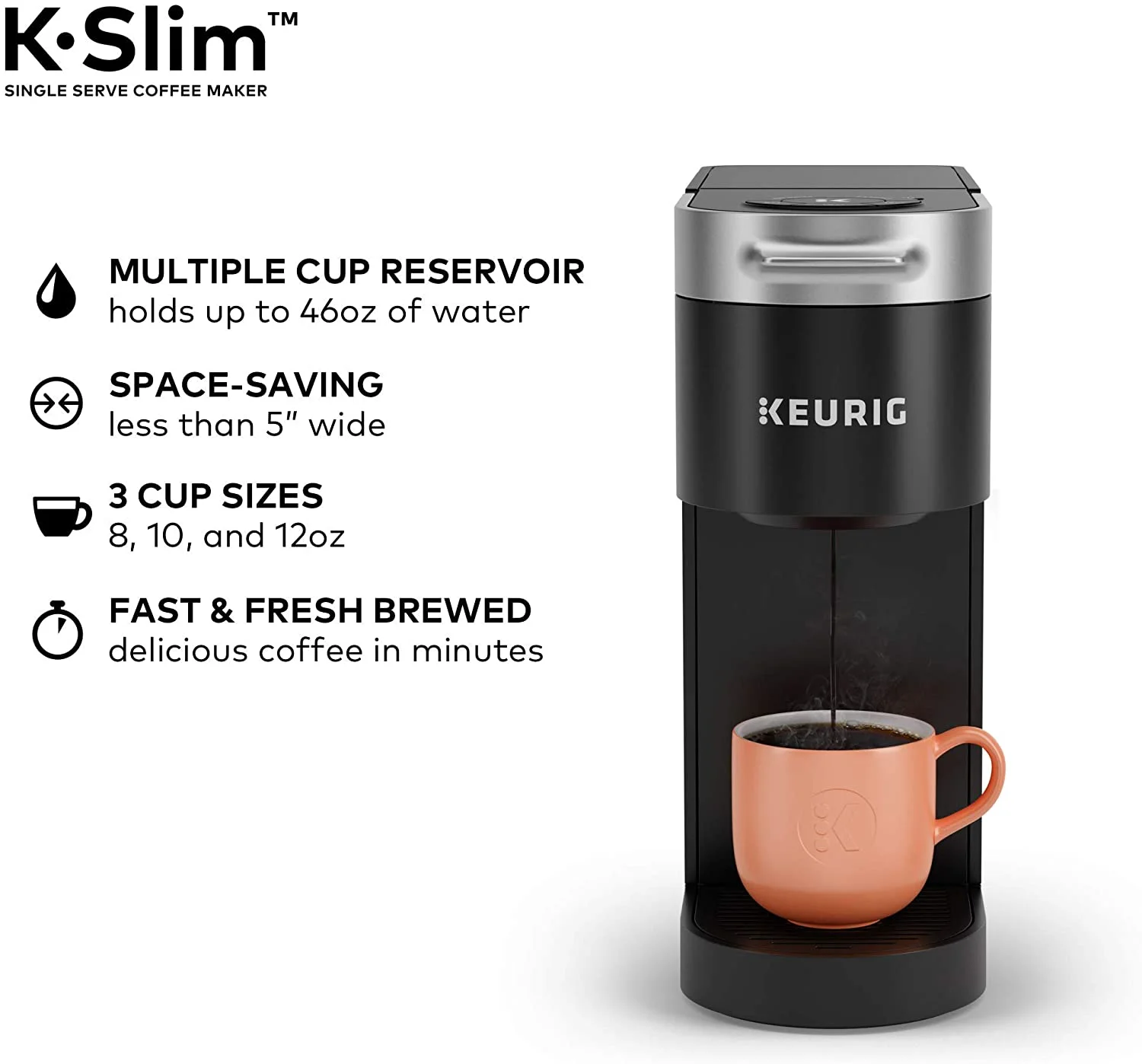 Keurig K-Slim Coffee Maker, Single Serve K-Cup Pod Coffee Brewer, 8 to 12oz. Brew Sizes, Black