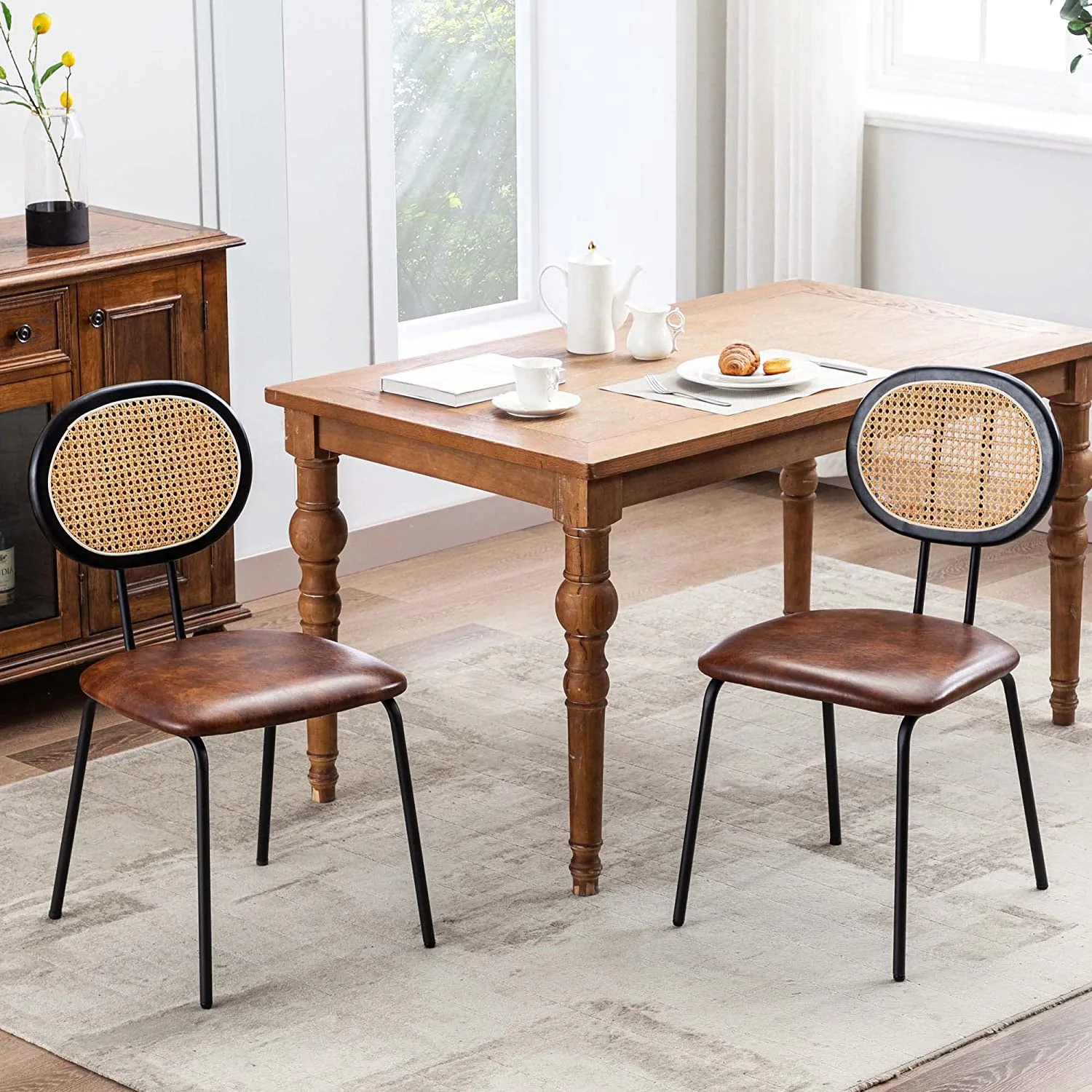 Duhome Mid-century Modern Dining Room Chairs with Rattan Back Faux Leather Dining Chairs Kitchen Chairs with Metal Legs, Brown