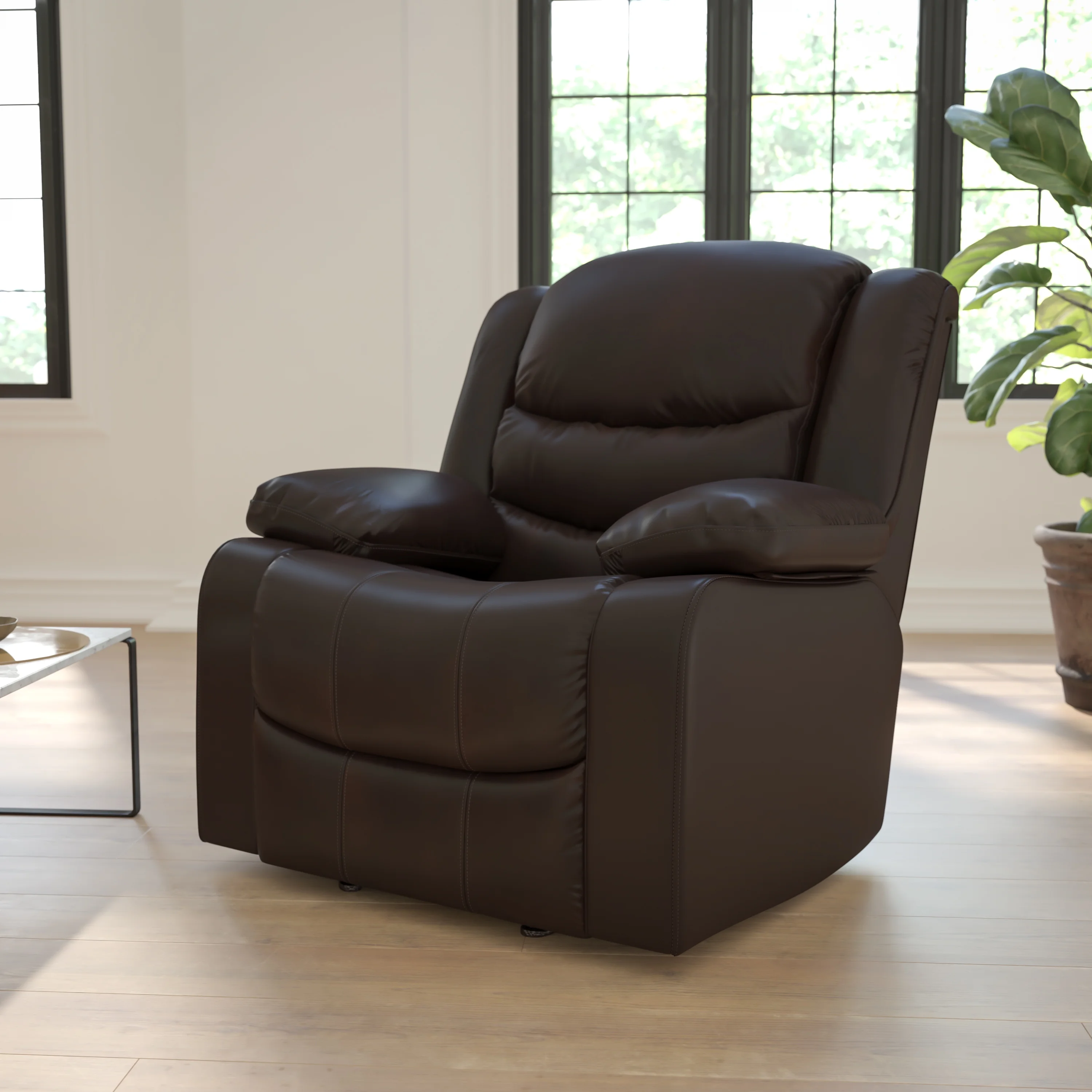 Flash Furniture Kyle Plush Brown LeatherSoft Lever Rocker Recliner with Padded Arms