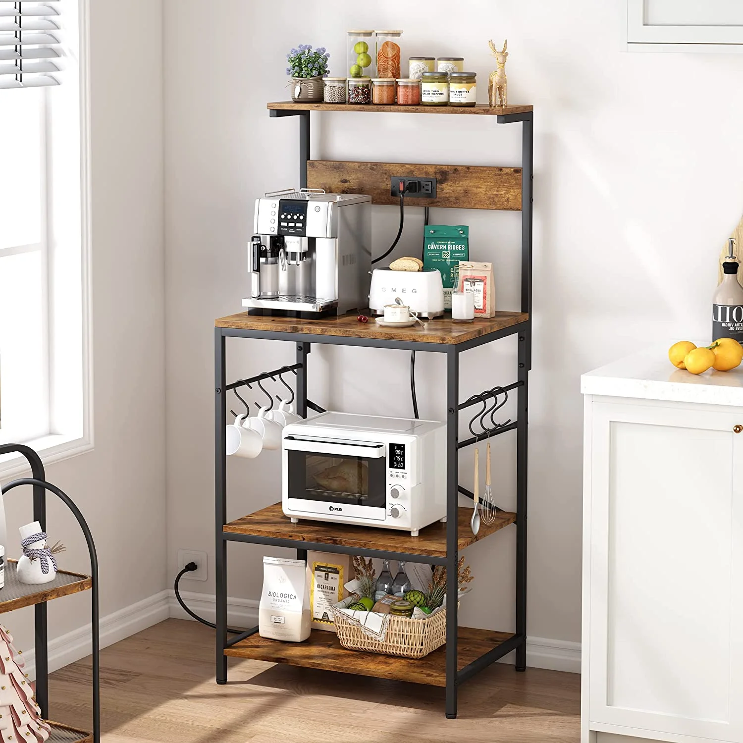 Kitchen Bakers Rack with Power Outlet, Coffee Bar Table 4 Tiers, Kitchen Microwave Stand with 6 S-Shaped Hooks, Kitchen Storage Shelf Rack for Spices, Pots and Pans - Charcoal Gray
