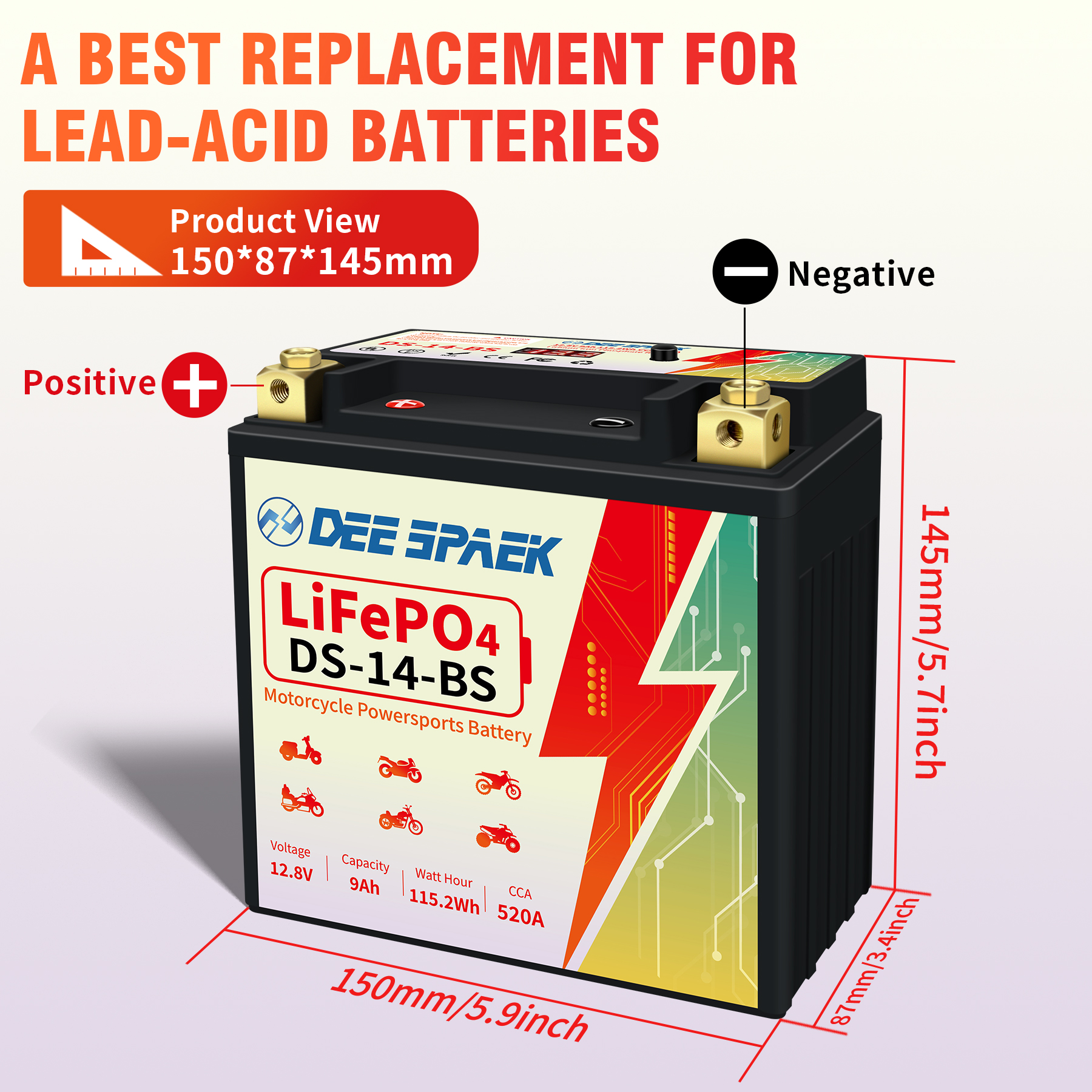 DEESPAEK Lithium Motorcycle Battery, YTX14-BS 12 Volt 9Ah 520CCA, High Performance - Rechargeable LiFePO4 ATV Scooter Powersports Battery Replacement