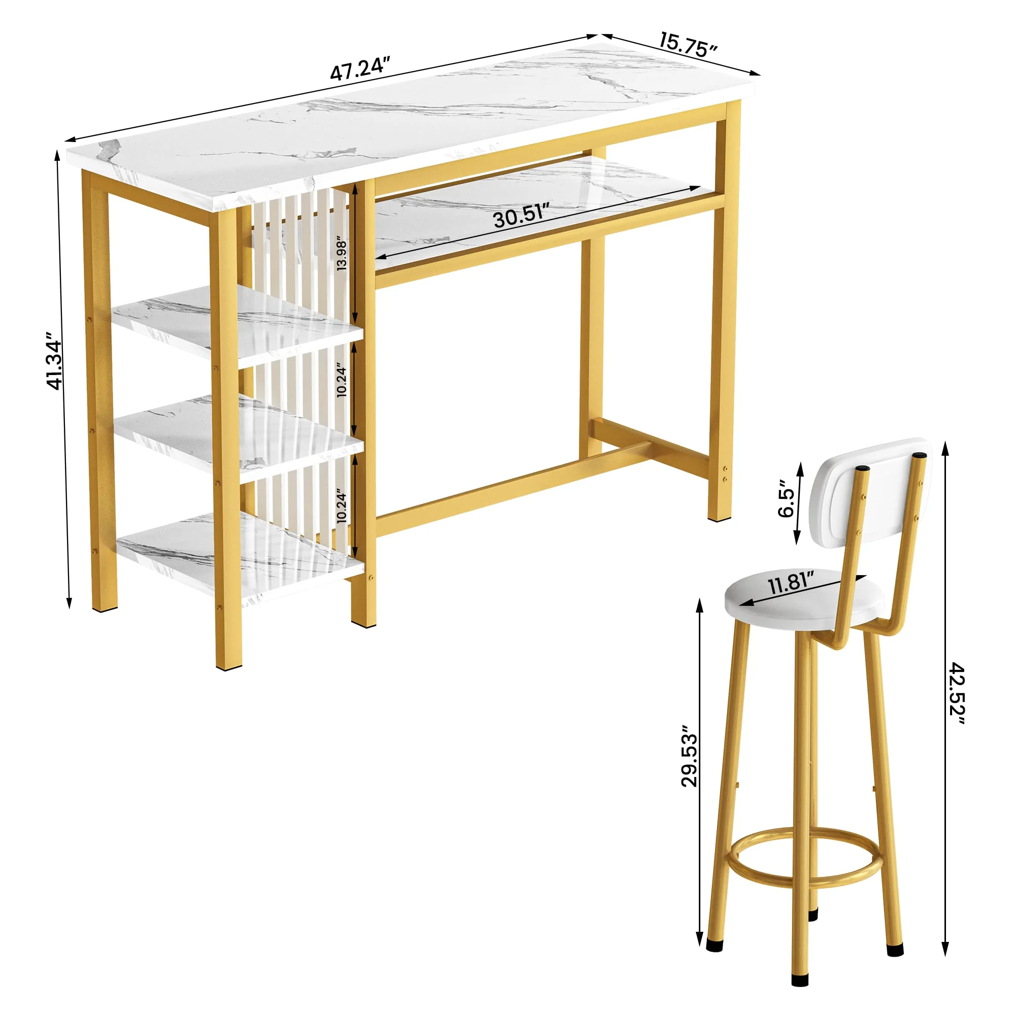 AWQM Bar Table Set, Modern Kitchen Table Set, Bar Counter Height Table Set with 2 PU Upholstered Stools, Dining Table Set with 4 Storage Shelves, Pub Table with Backrest for Small Space, White+Gold