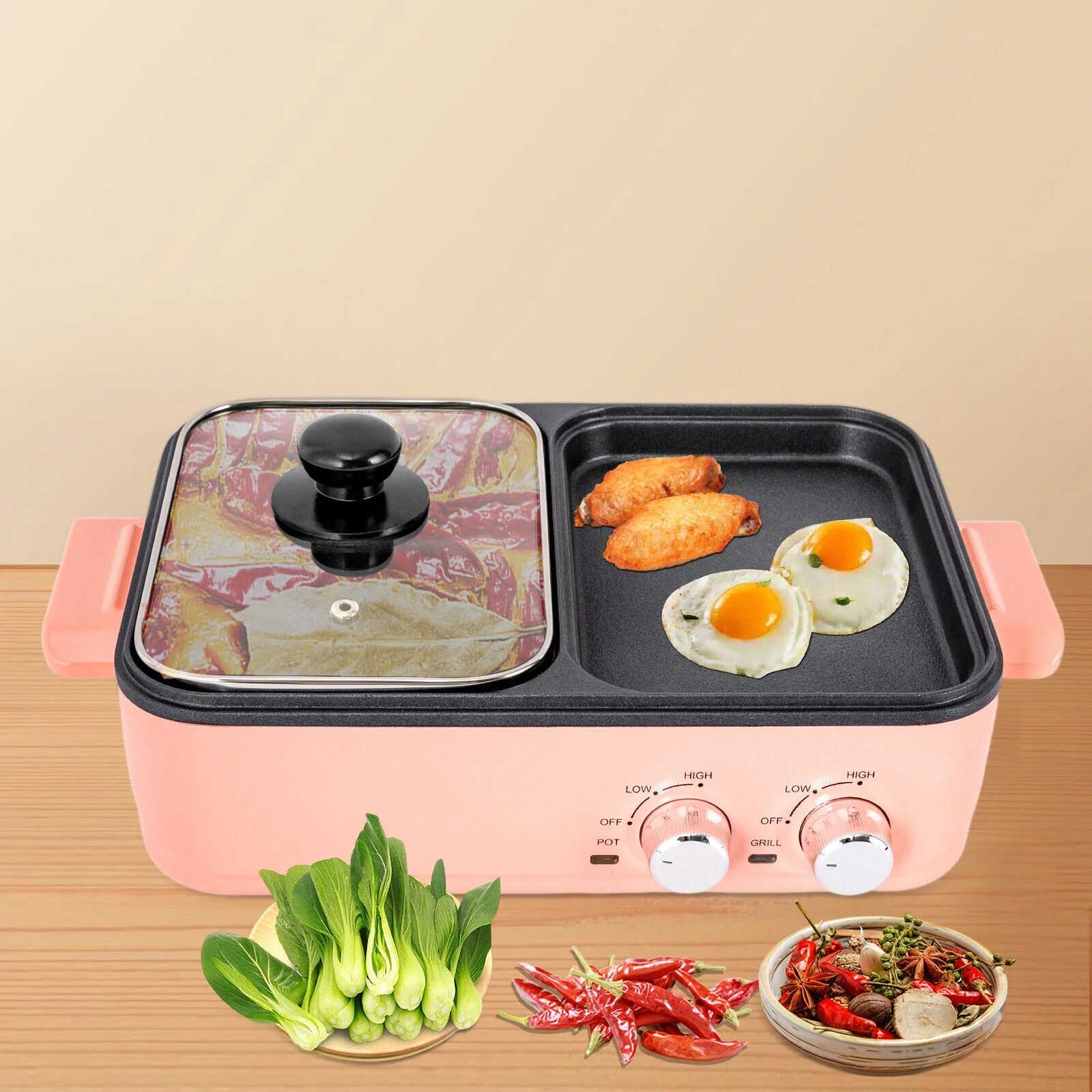 2 in 1 Portable Electric Hot Pot Barbecue Grill Non-Stick Teppanyaki Pan Soup Smokeless Baking Pan