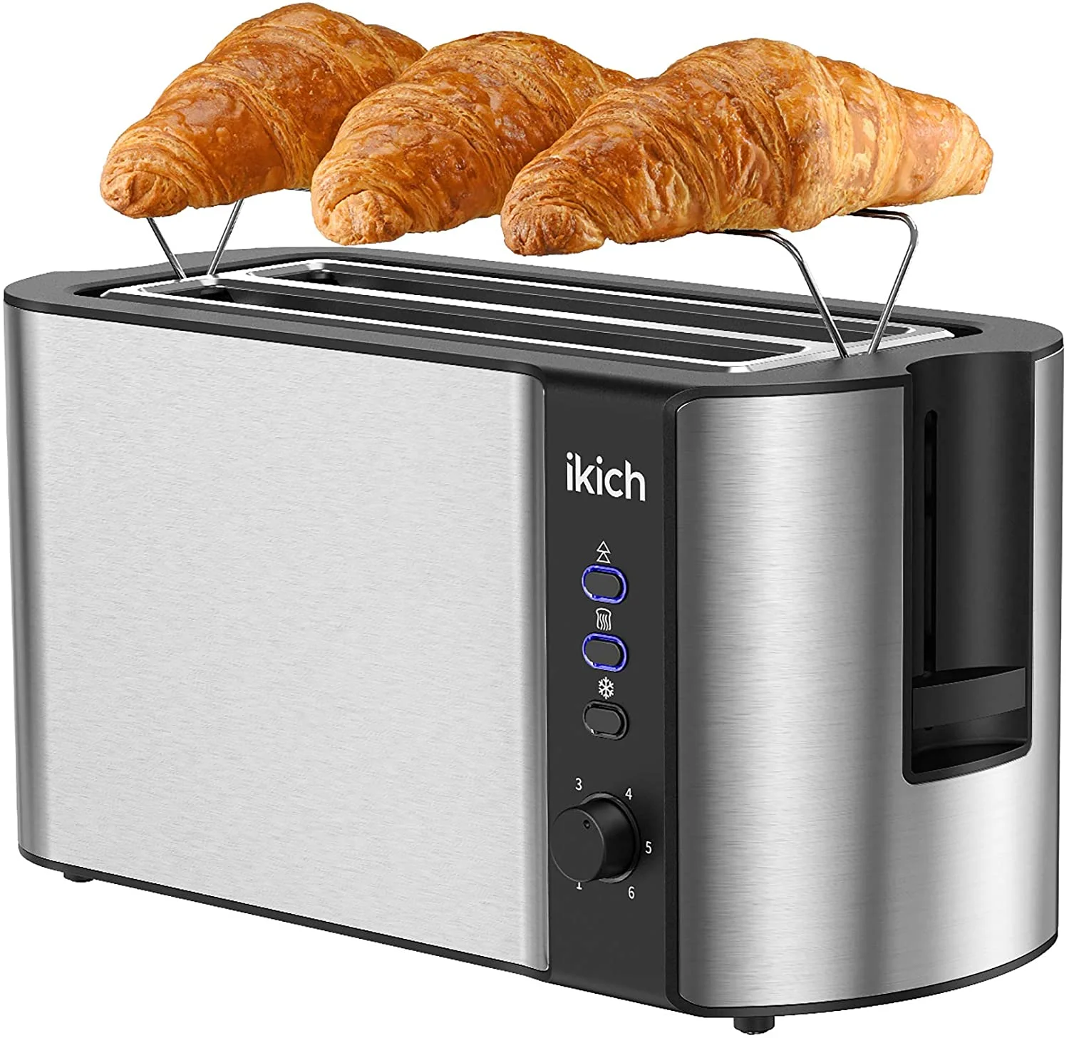 IKICH 4-Slice Toaster, 2 Long Slots, Stainless Steel, Warming Rack, 6 Settings, Defrost/Reheat/Cancel, Removable Crumb Tray, 1300W
