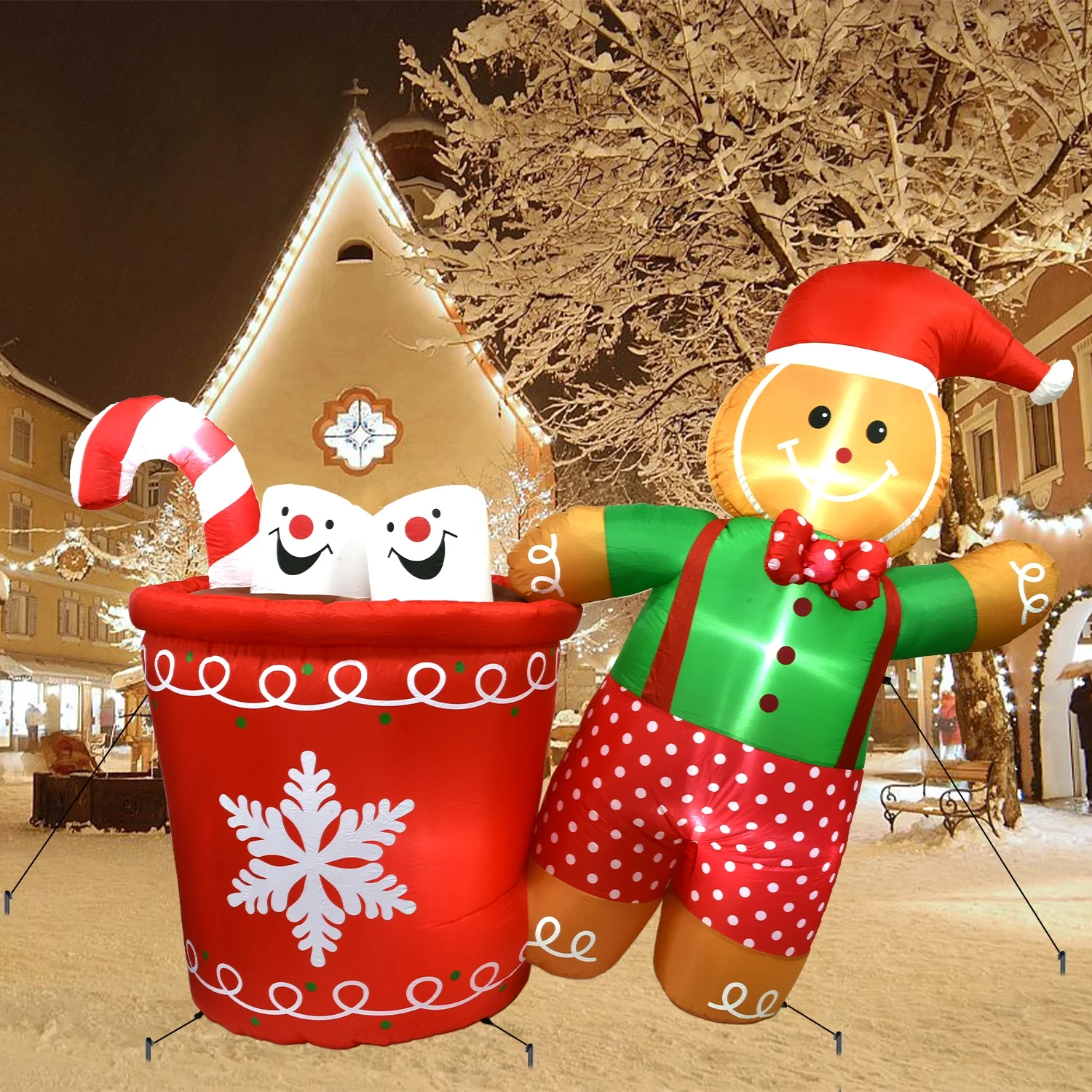 Husfou 5.9ft Christmas Inflatable Gingerbread Man with Cup and Candy, Buit-in 5 LED Lights Blow up Yard Inflatable Decorations for Outdoor Lawn Holiday
