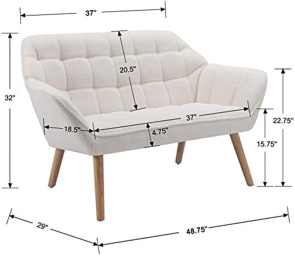 HBBOOMLIFE 48" Small Loveseat for Small Spaces  Upholstered Fluffy White Loveseat Sofa  Mid Century Modern 2-Seater Couch with Armrest and Wood Legs for Bedroom  Living Room  Apartmen